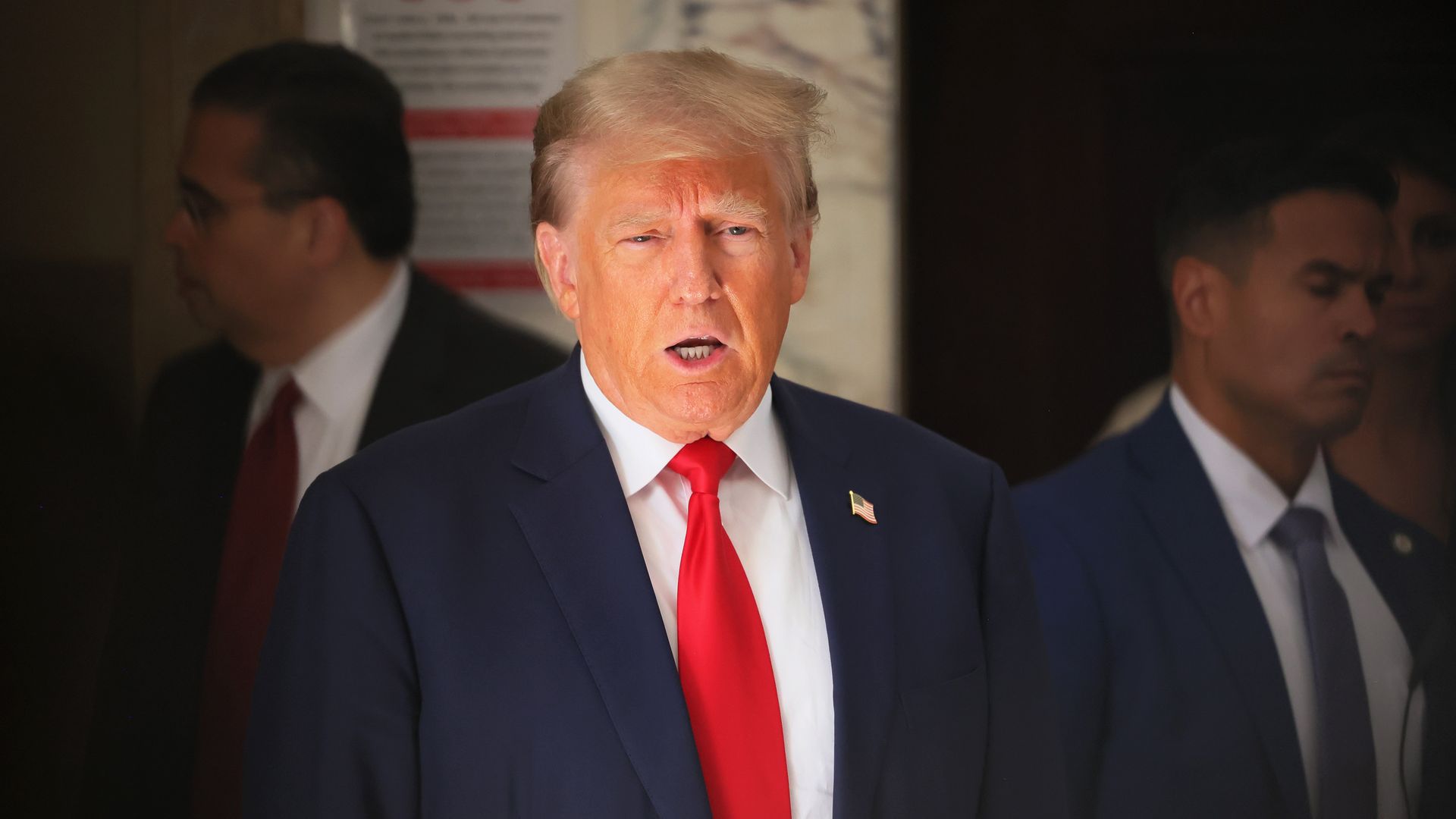 Former President Donald Trump speaks as he returns from a short break during the second day of his civil fraud trial at New York State Supreme Court on October 03, 2023 in New York City