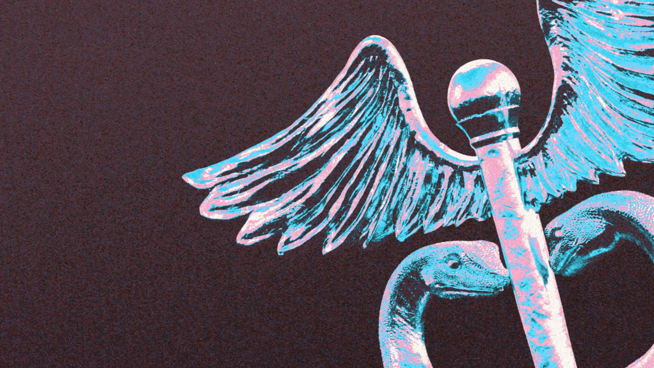 Animated illustration of a caduceus rendered in the colors of the transgender flag, which fade to black and white.