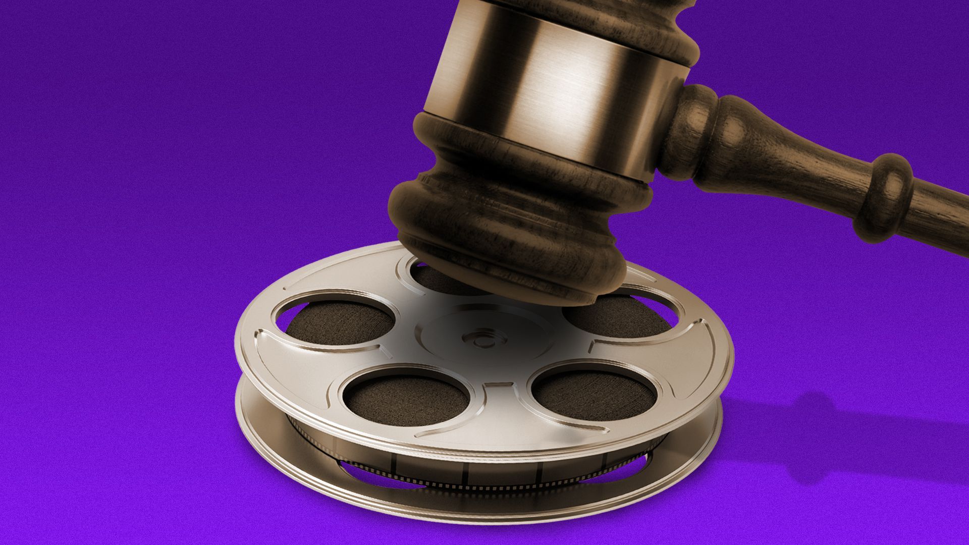 Illustration of a gavel resting on a film reel.