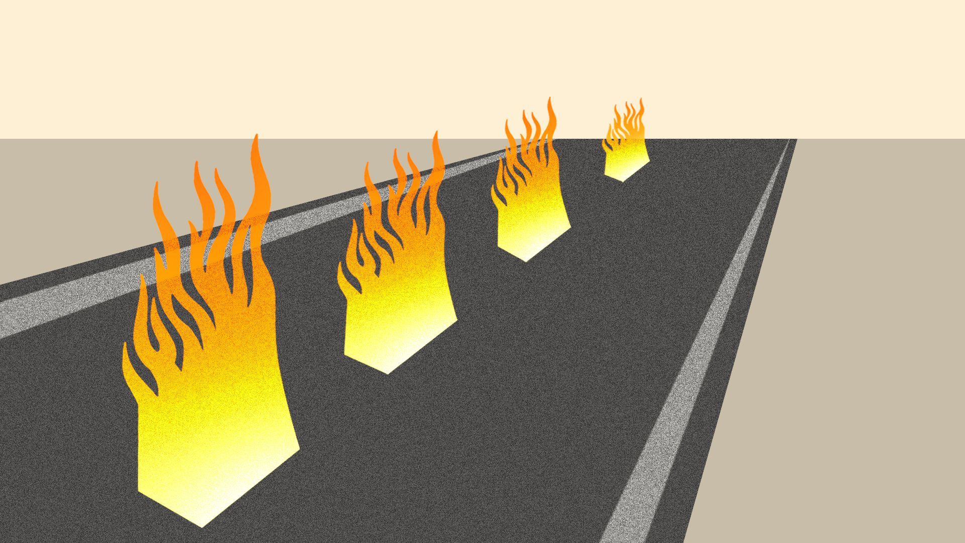 Illustration of a road with dashes of fire down the center line