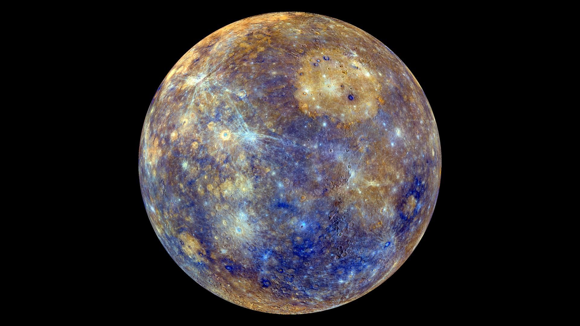 A color-enhanced view of Mercury against a black background