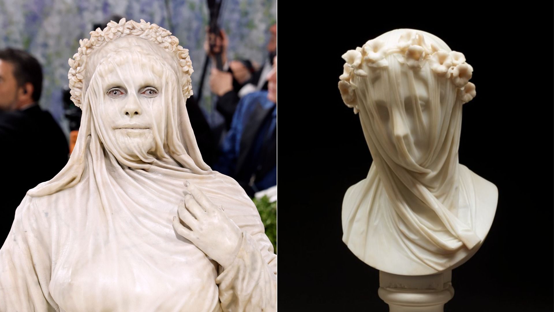 Heidi Klum dressed as a statue with a lifelike flowing veil across her face; a statue of a woman's head with a lifelike veil across her face. 