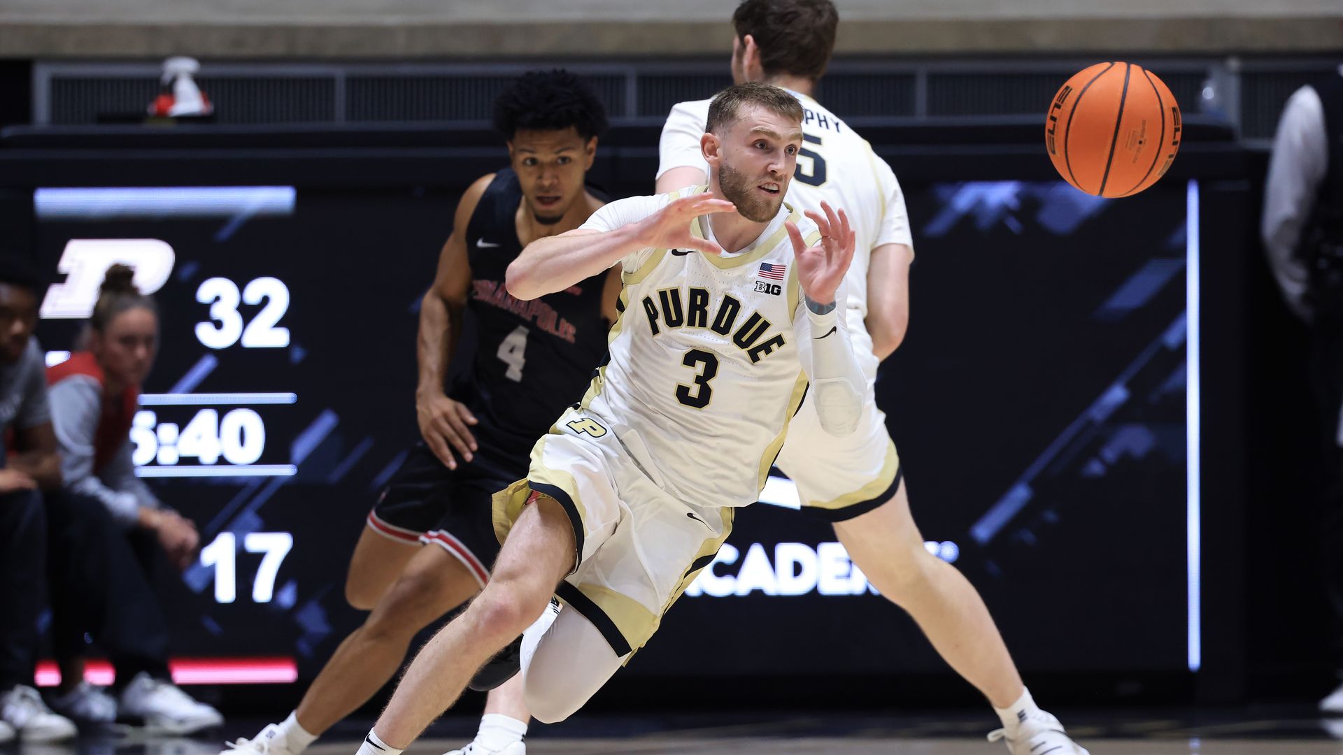 Braden Smith #3 of the Purdue Boilermakers catches a pass during the first half against the UIndy Greyhounds at Mackey Arena on October 29, 2025 in West Lafayette, Indiana. 