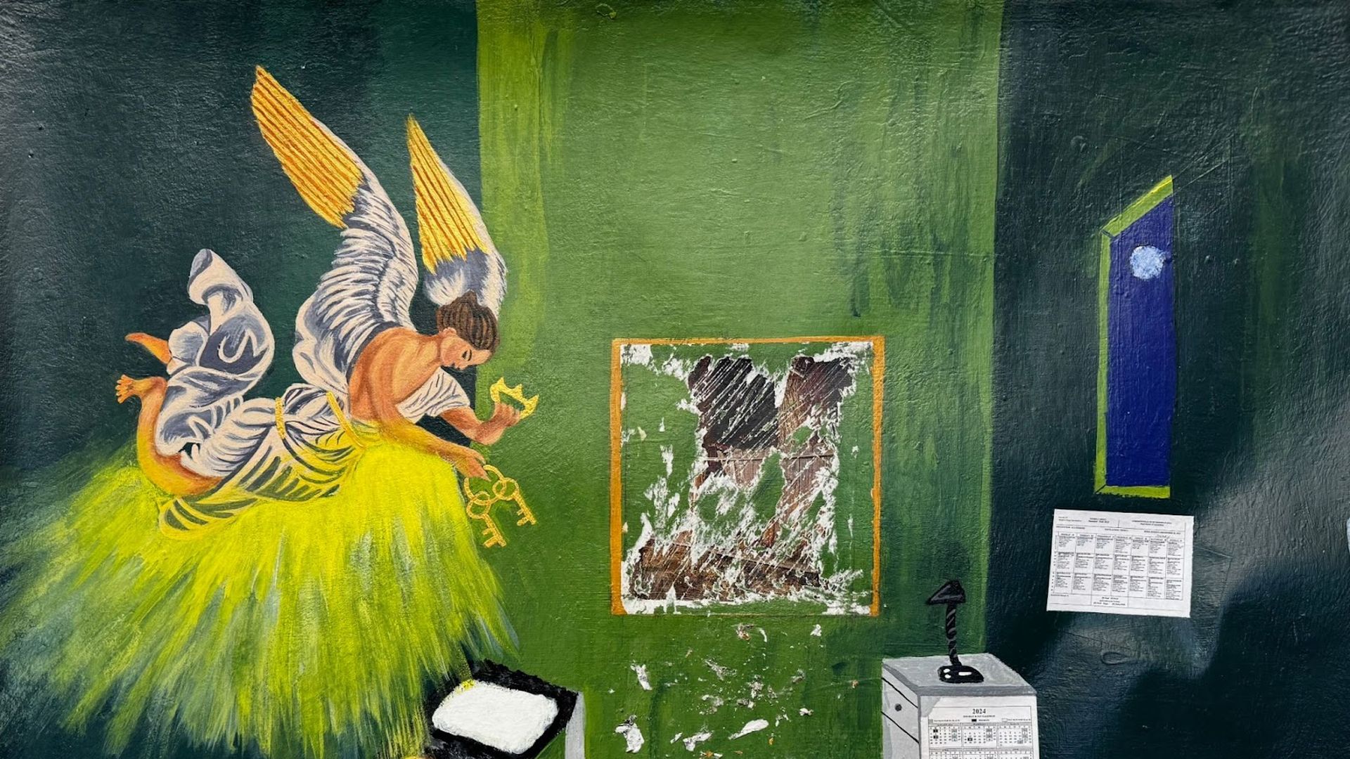The piece, "Break Through," was done by Charles Harrison a prison at SCI Phoenix in Pennsylvania.