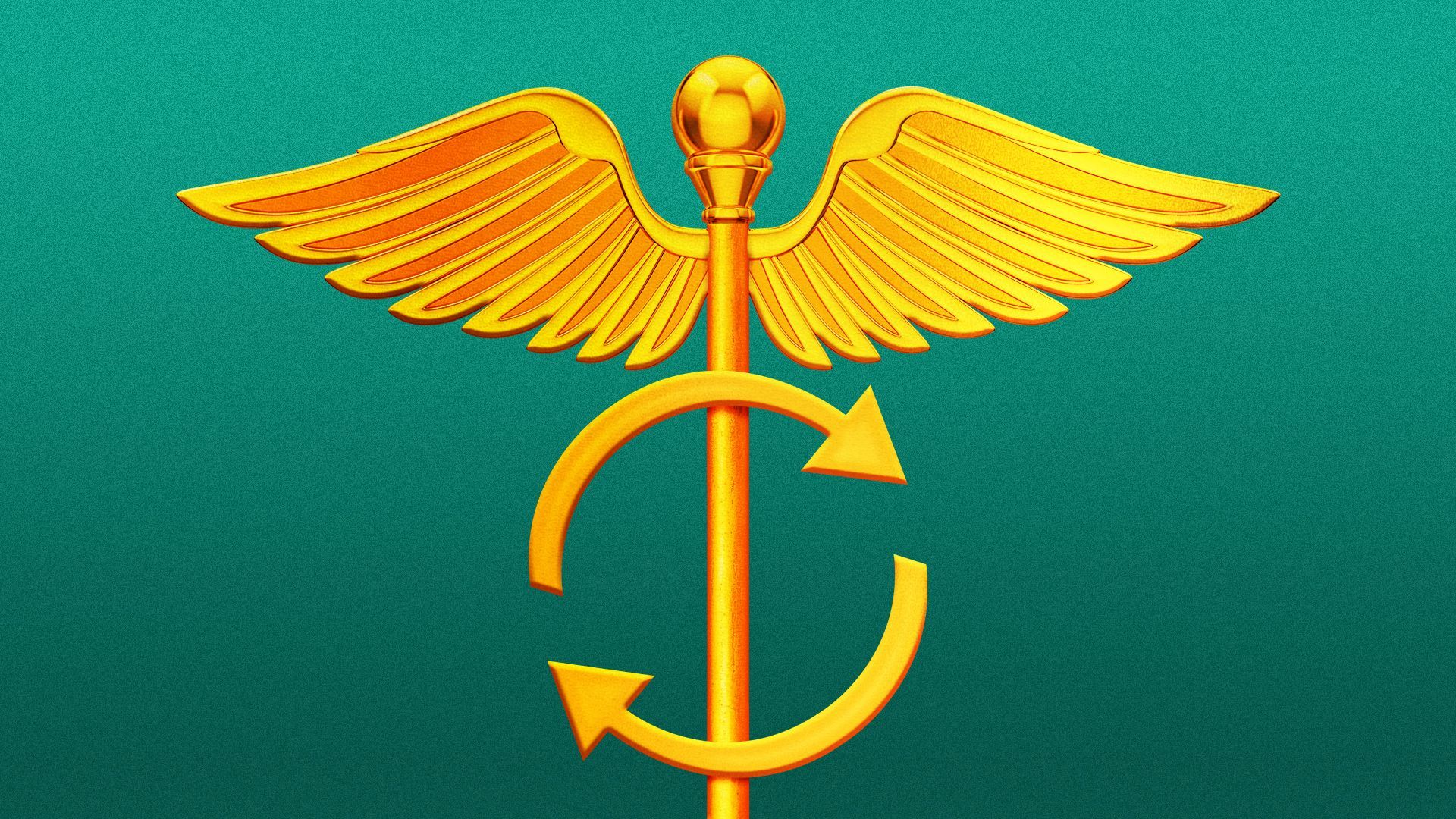 Illustration of a caduceus with a replace symbol instead of intertwined snakes