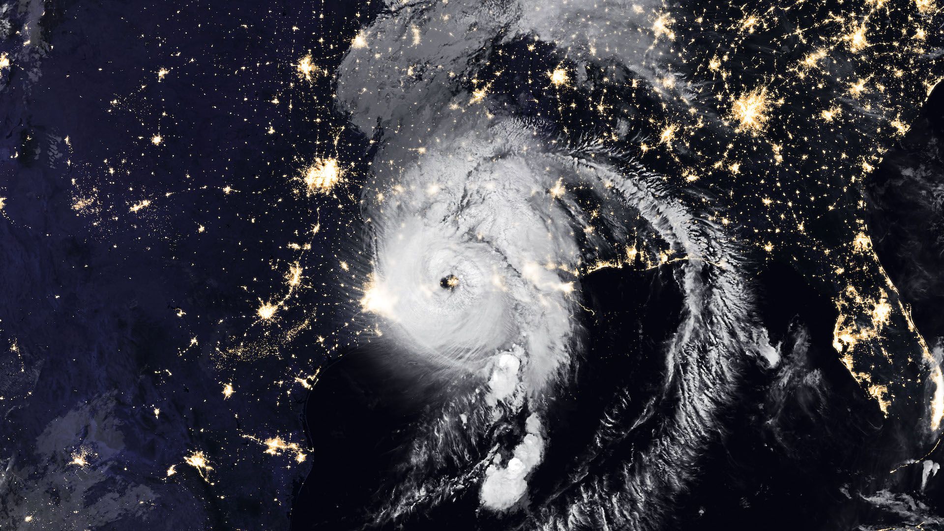 Satellite view of Hurricane Laura making landfall in Louisiana at night on August 27, 2020.