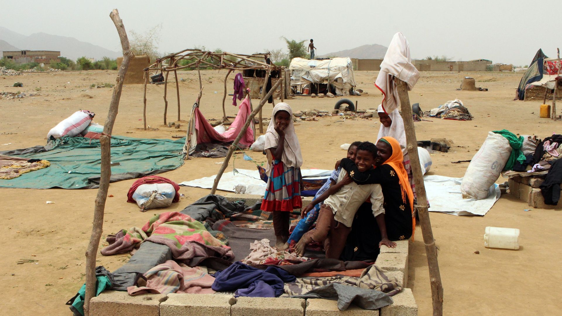 Displaced residents of Hodeida, Yemen, in a make-shift shelter