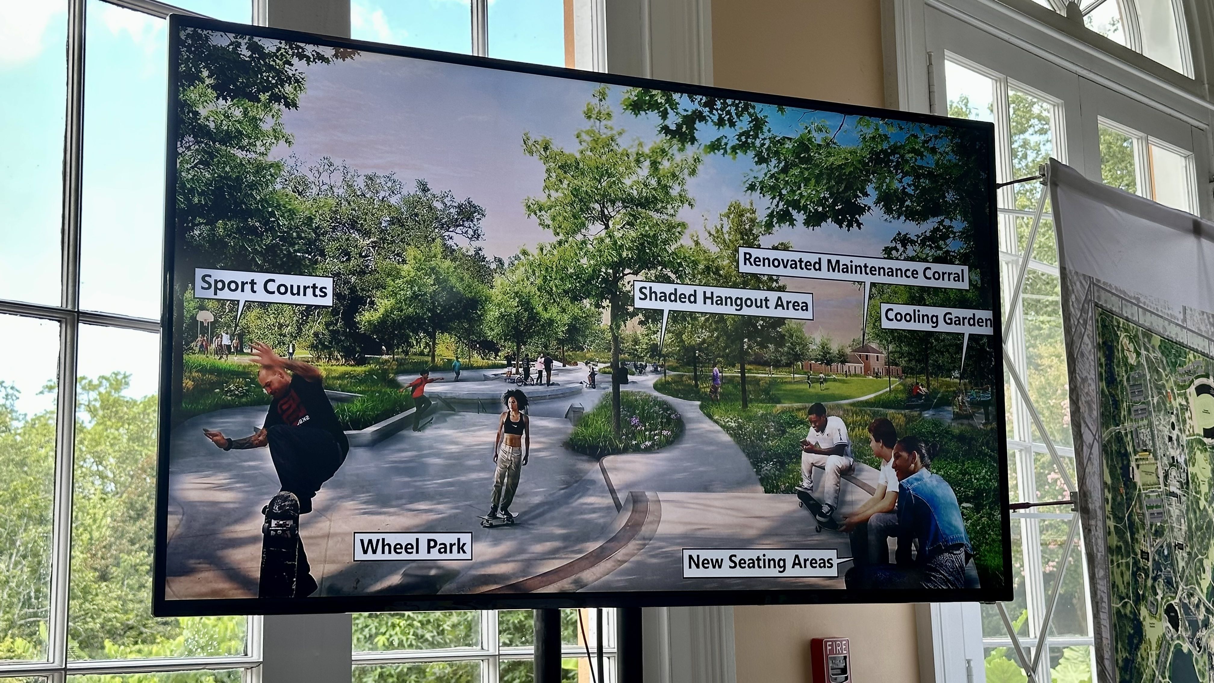 The image shows a digital rendering of a park displayed on a large screen. The park includes various labeled areas: 'Sport Courts' where a skateboarder is performing a trick, 'Wheel Park' with people riding skateboards, 'Renovated Maintenance Corral,' 'Shaded Hangout Area' with people sitting.