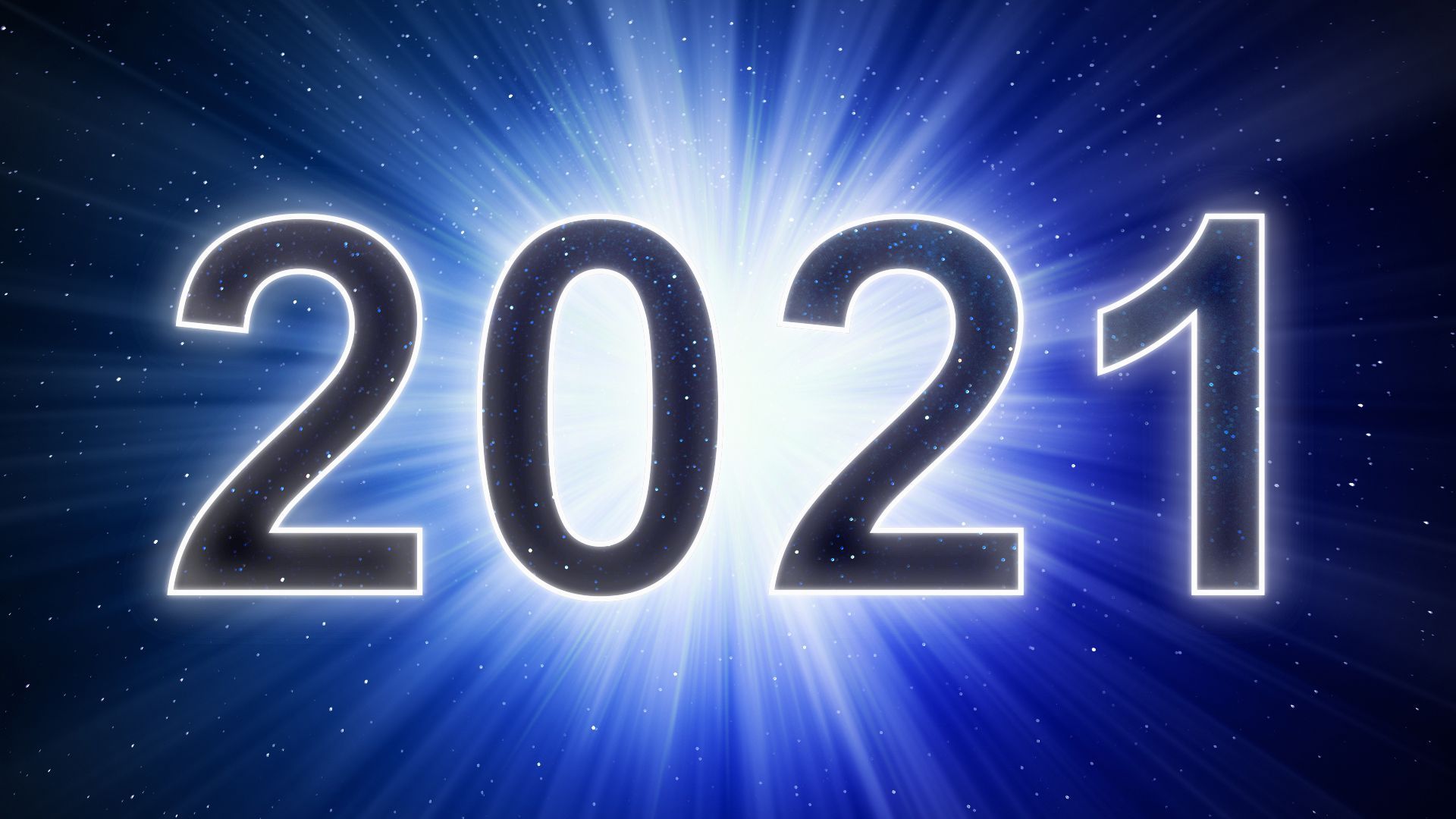Illustration of the number 2021 in space backed by a burst of light