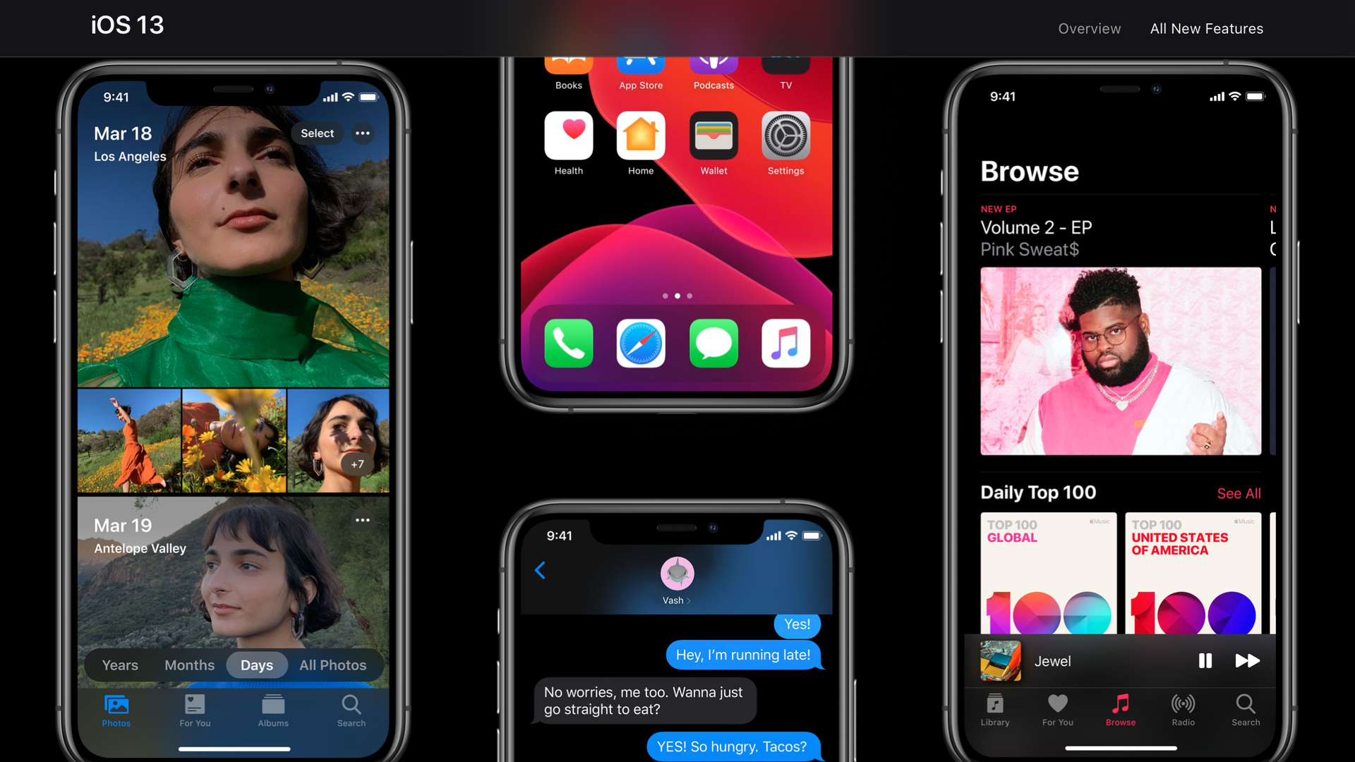 The iOS 13 page on Apple's Web site, showing dark mode, improved photo editing and other new features.