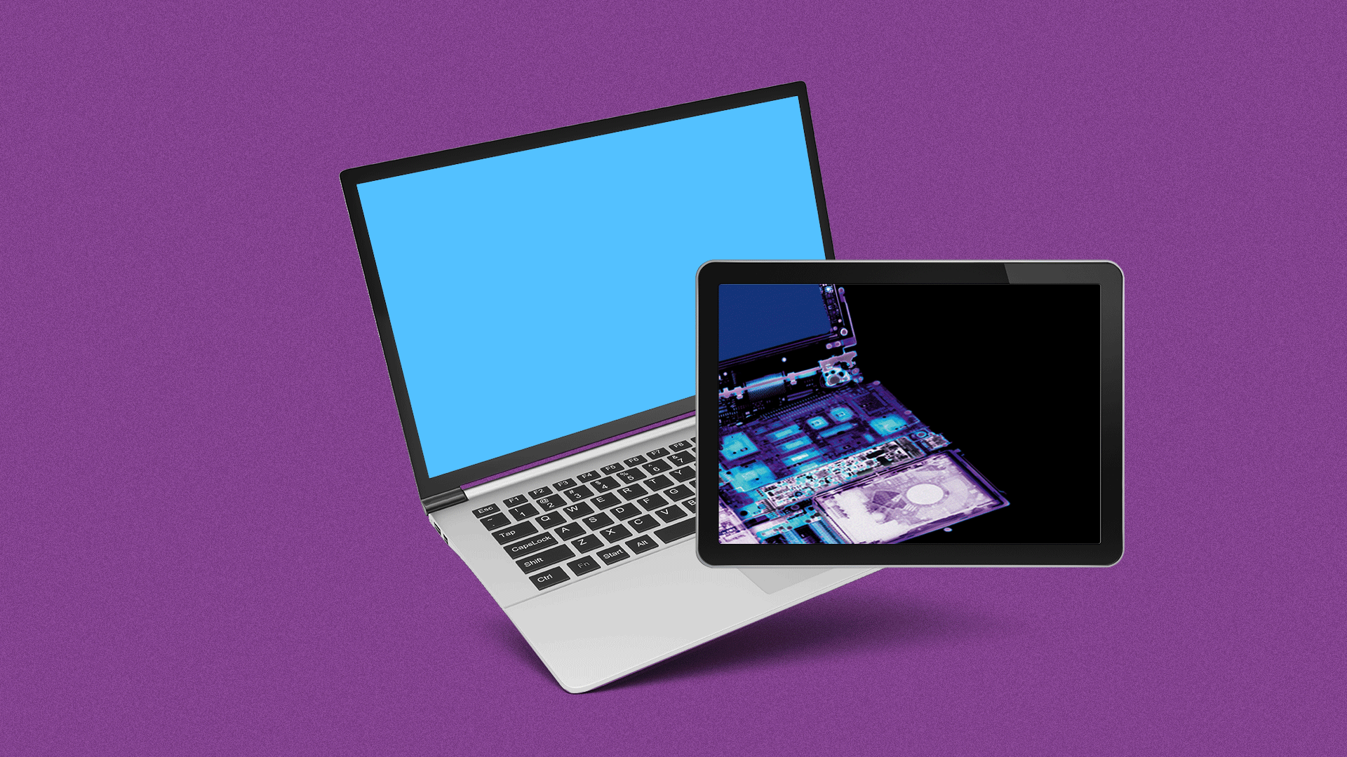 Illustration of an tablet showing an x-ray of a laptop.