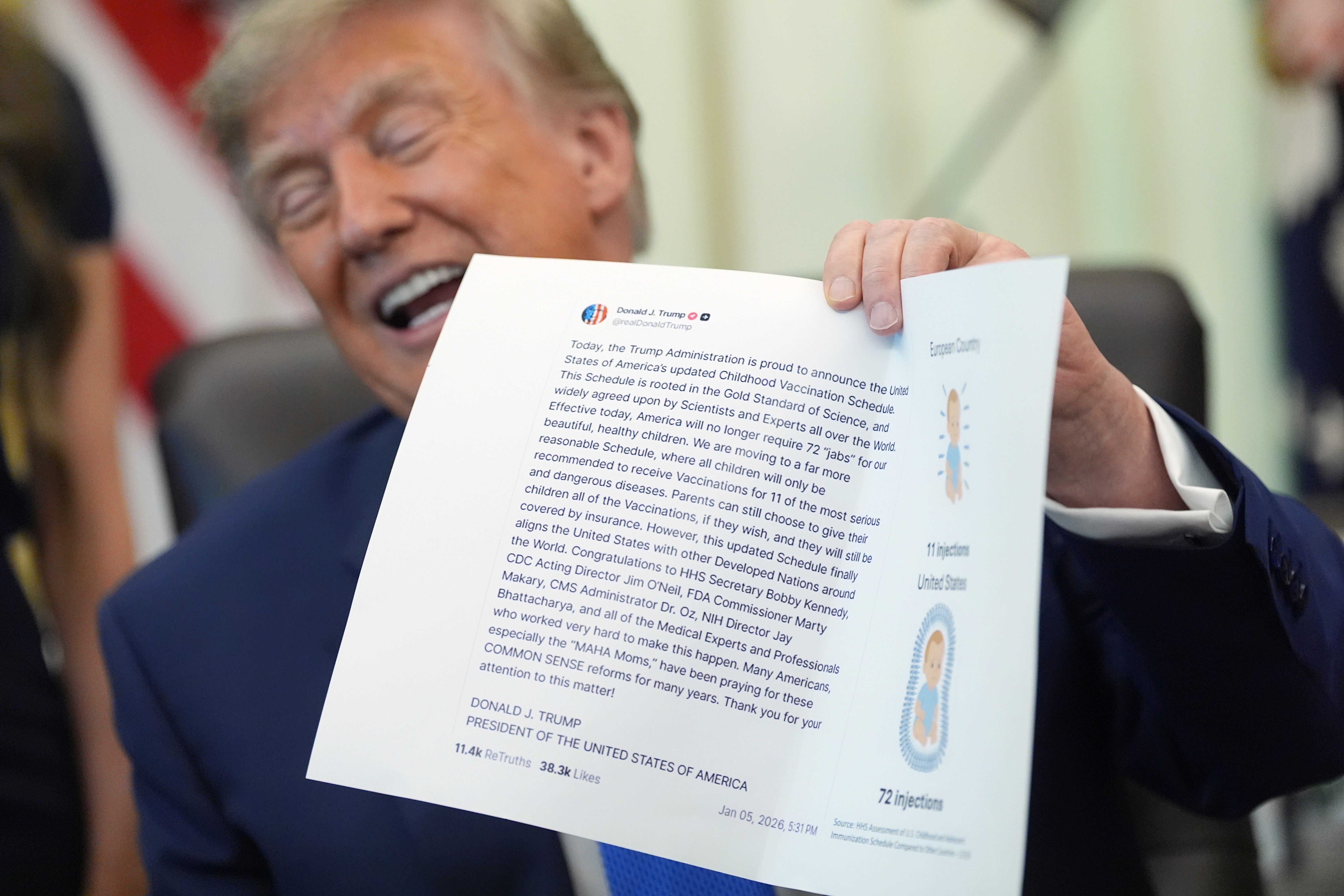 President Trump holds up a printed Truth Social post during an Oval Office meeting to sign an executive order on vaccines yesterday.