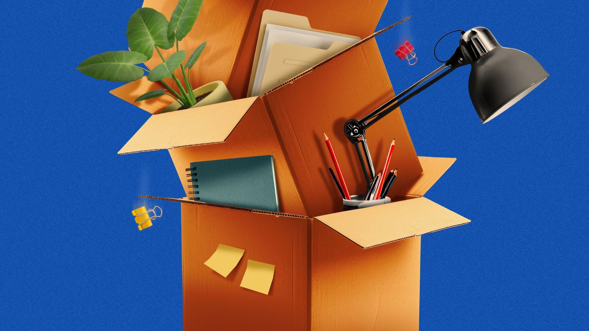 Illustration of multiple cardboard boxes of office supplies stacked on top of one another