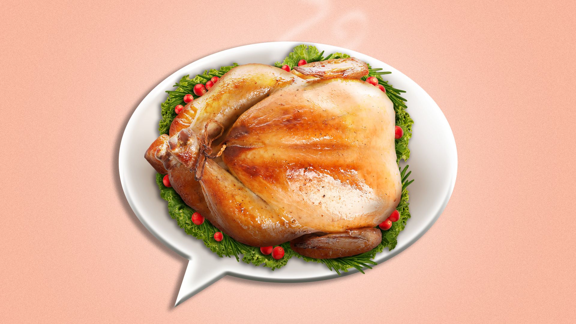 Illustration of a Thanksgiving turkey on a plate in the shape of a speech bubble