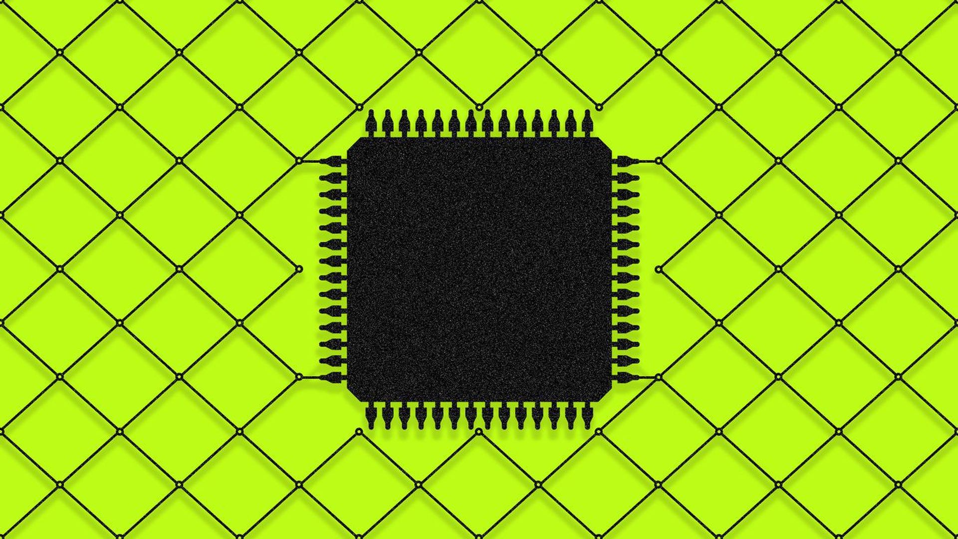 Illustration of a black microprocessor chip against a green grid