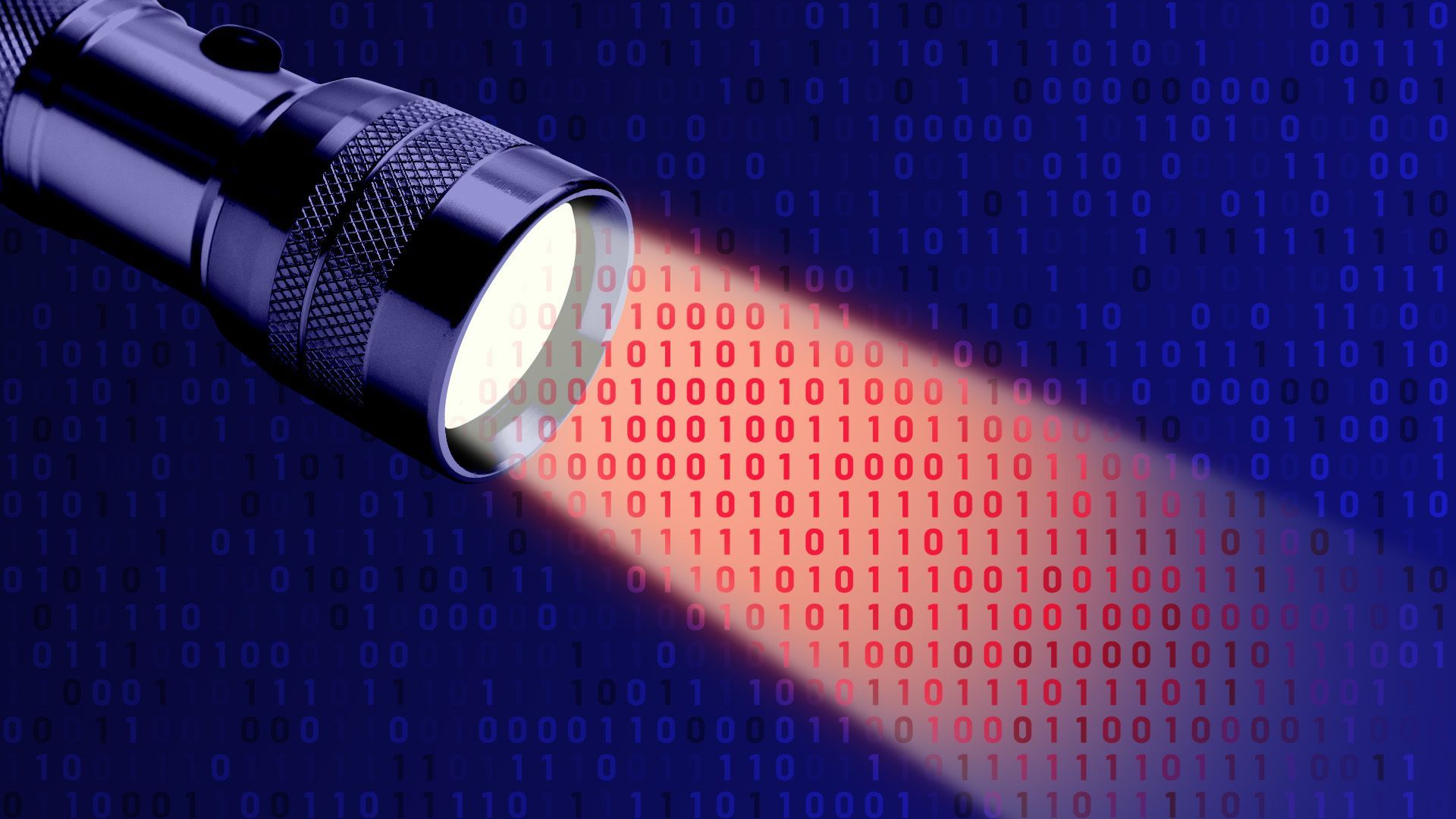 Illustration of a flashlight illuminating binary code in red