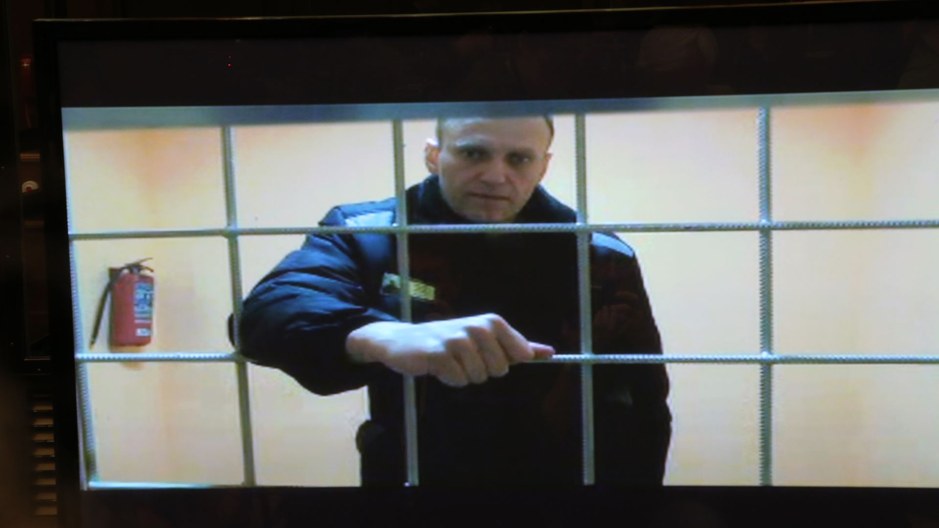 Russian opposition politician Alexei Navalny appearing screen during his during an appeal hearing in Moscow on May 24.