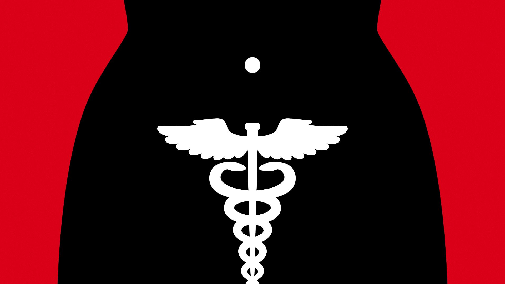 Illustration of a simplified woman's medical silhouette, with a caduceus where the ovaries should be.
