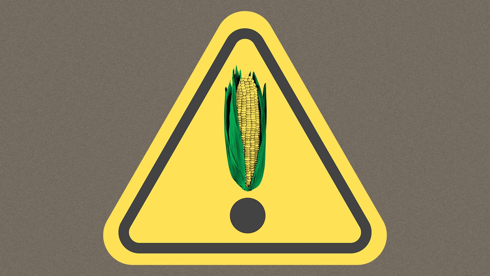 Illustration of a danger sign with an ear of corn for an exclamation point.