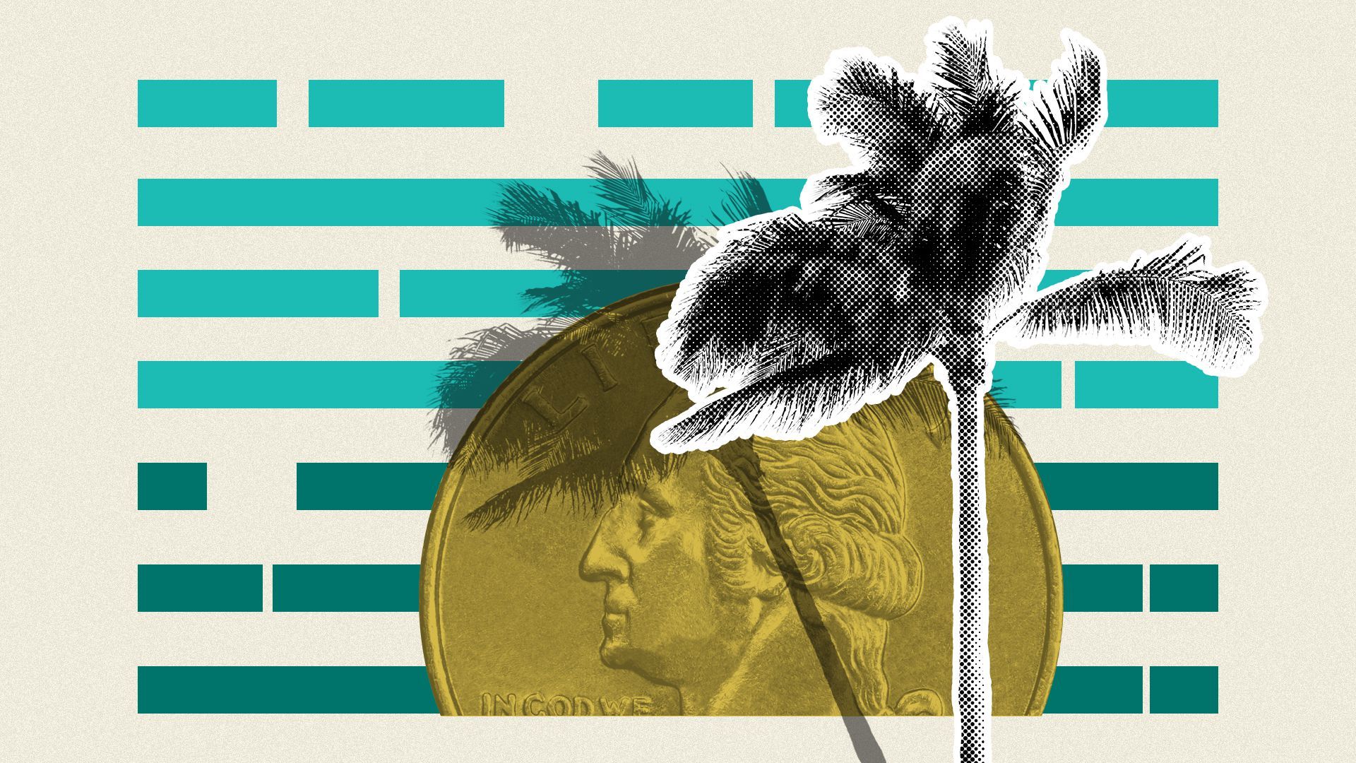 Illustration of a palm tree over a yellow sun-like quarter