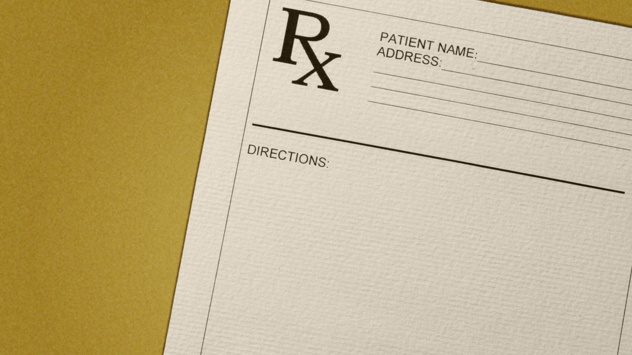 Animated illustration of a prescription pad, with a sun, a tree, and a place setting drawing onto it in ballpoint pen.