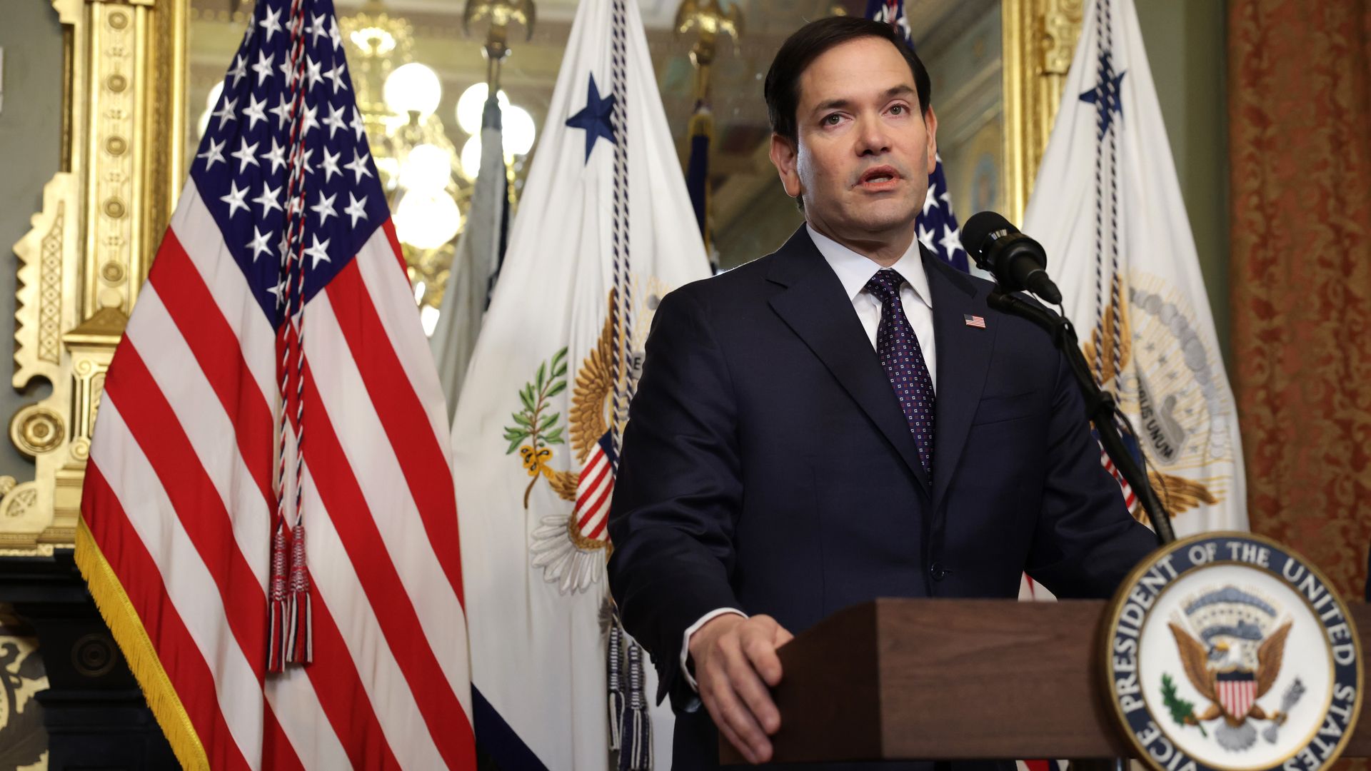Newly confirmed U.S. Secretary of State Marco Rubio speaks during a swearing-in ceremony at the Vice President's ceremonial office at Eisenhower Executive Office Building January 21, 2025 in Washington, DC. Rubio has been sworn in as the 72nd U.S. Secretary of State. 