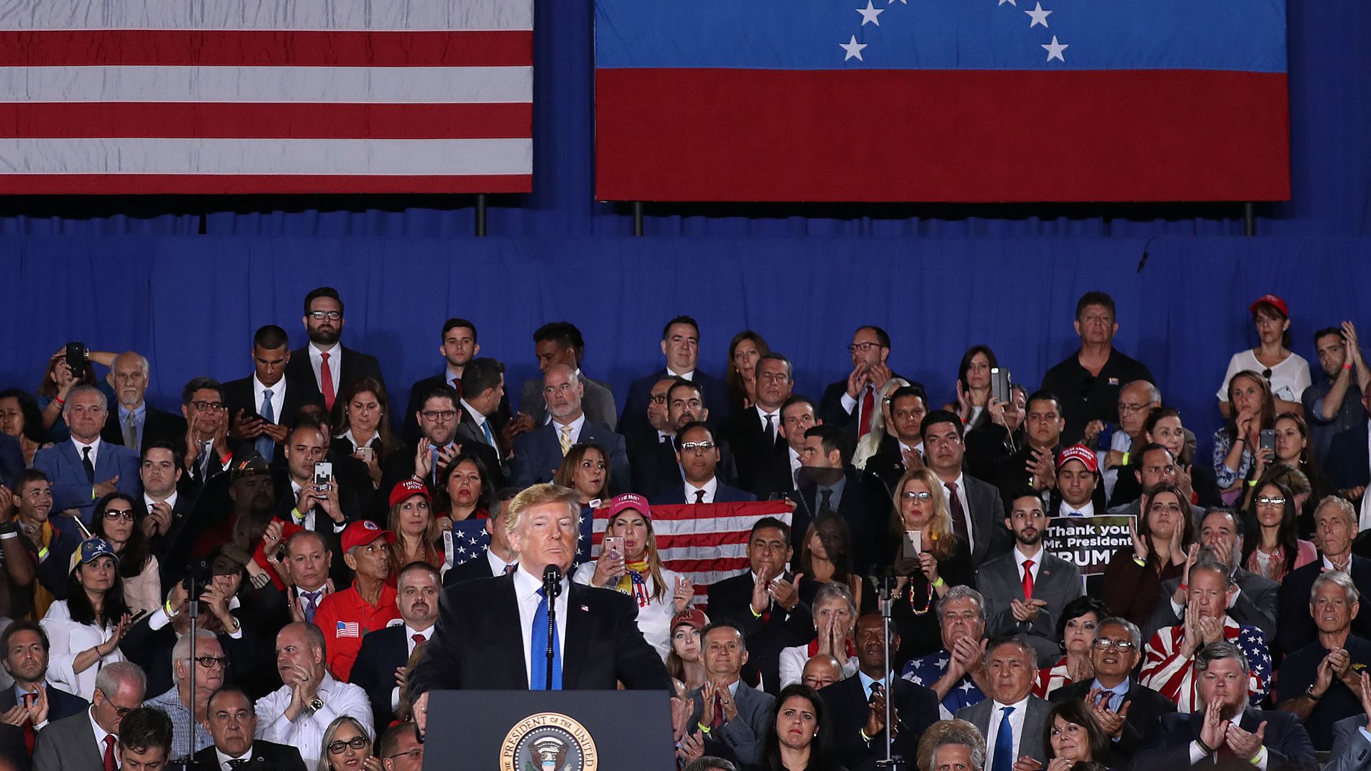 President Trump speaks about the ongoing crisis in Venezuela at a rally Monday at Florida International University.