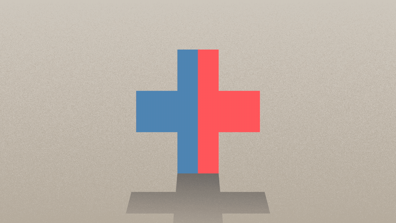 Illustration of a healthcare cross, half red, half blue, with the colors fighting to take over the whole cross.