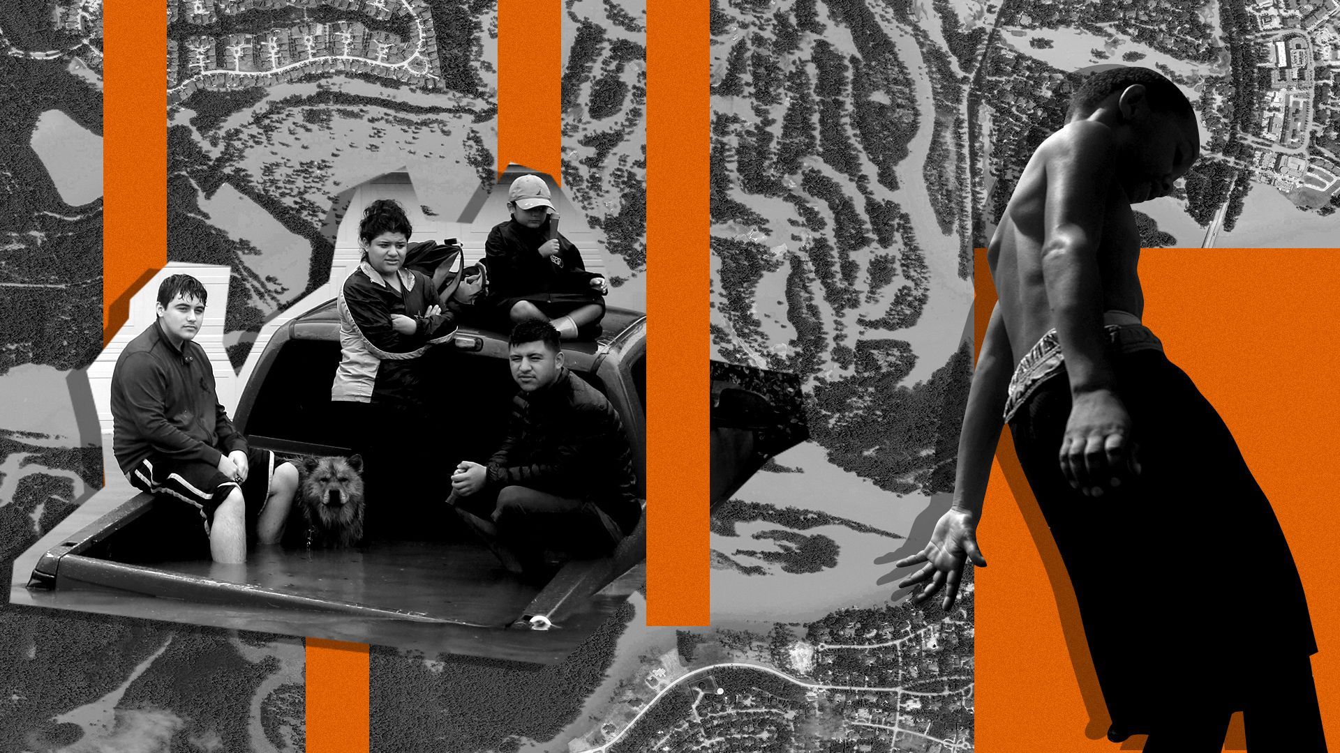 Photo illustration of people during Hurricane Harvey.