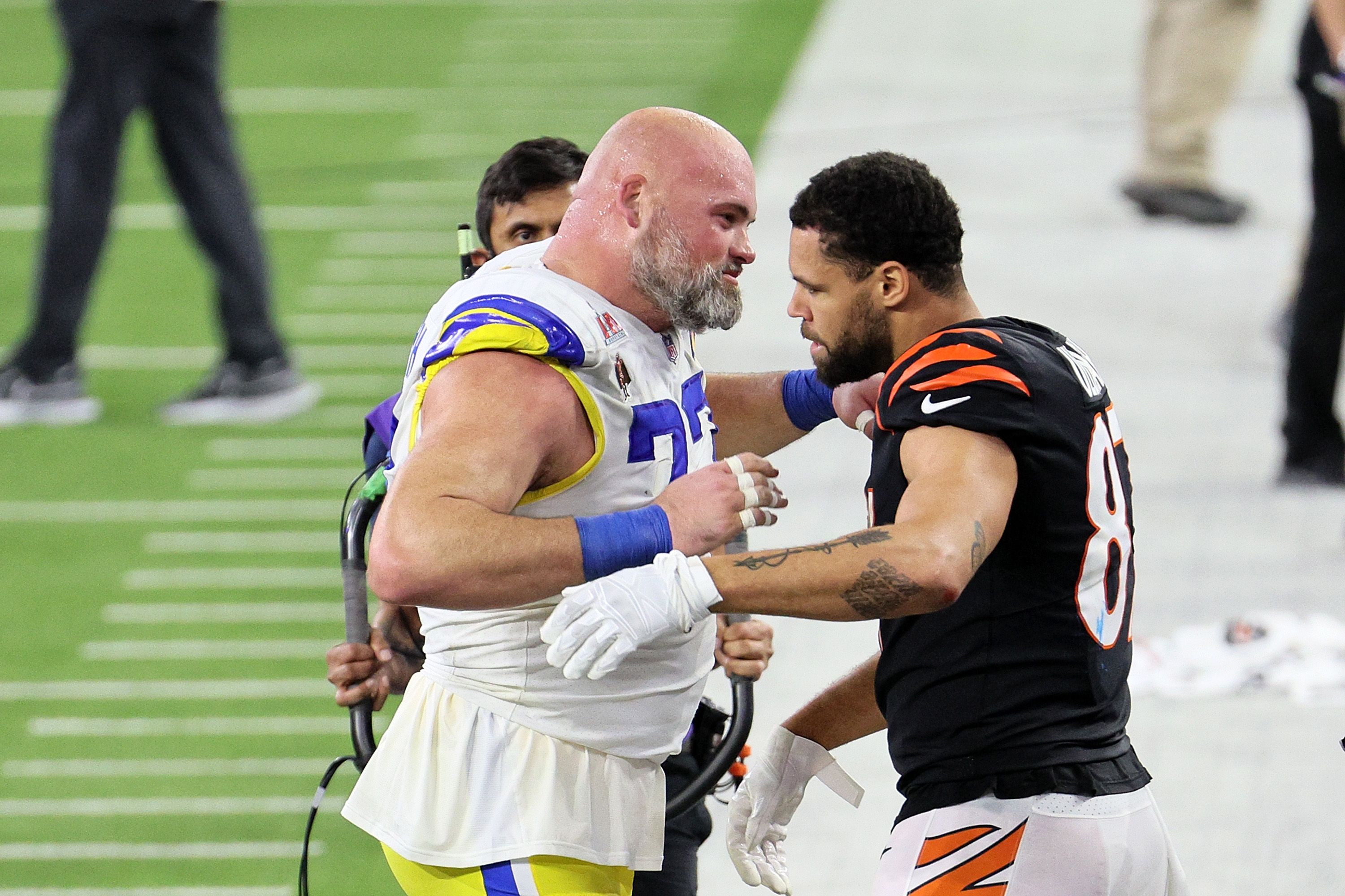 Andrew Whitworth #77 of the Los Angeles Rams reacts after defeating the Cincinnati Bengals during Super Bowl LVI at SoFi Stadium on February 13, 2022 in Inglewood, California. 