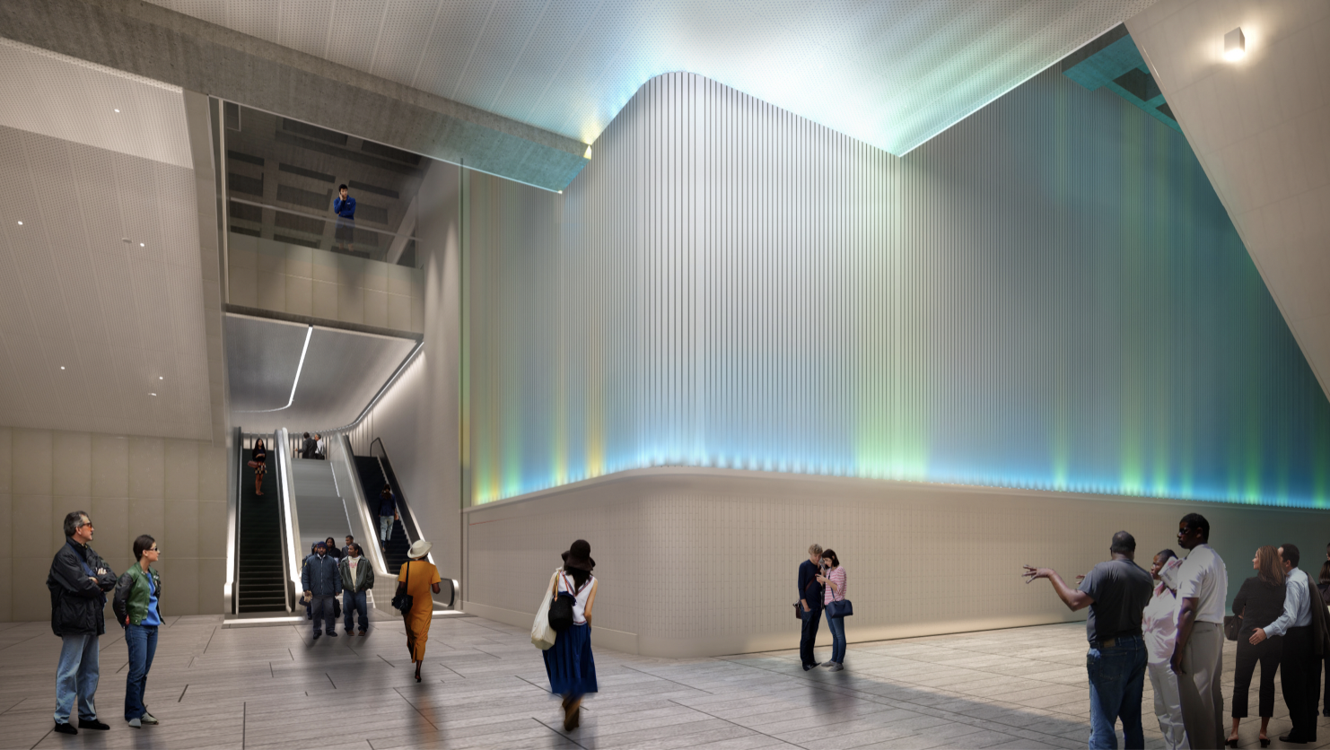 A rendering of a refurbished MARTA station with blue and white light installations