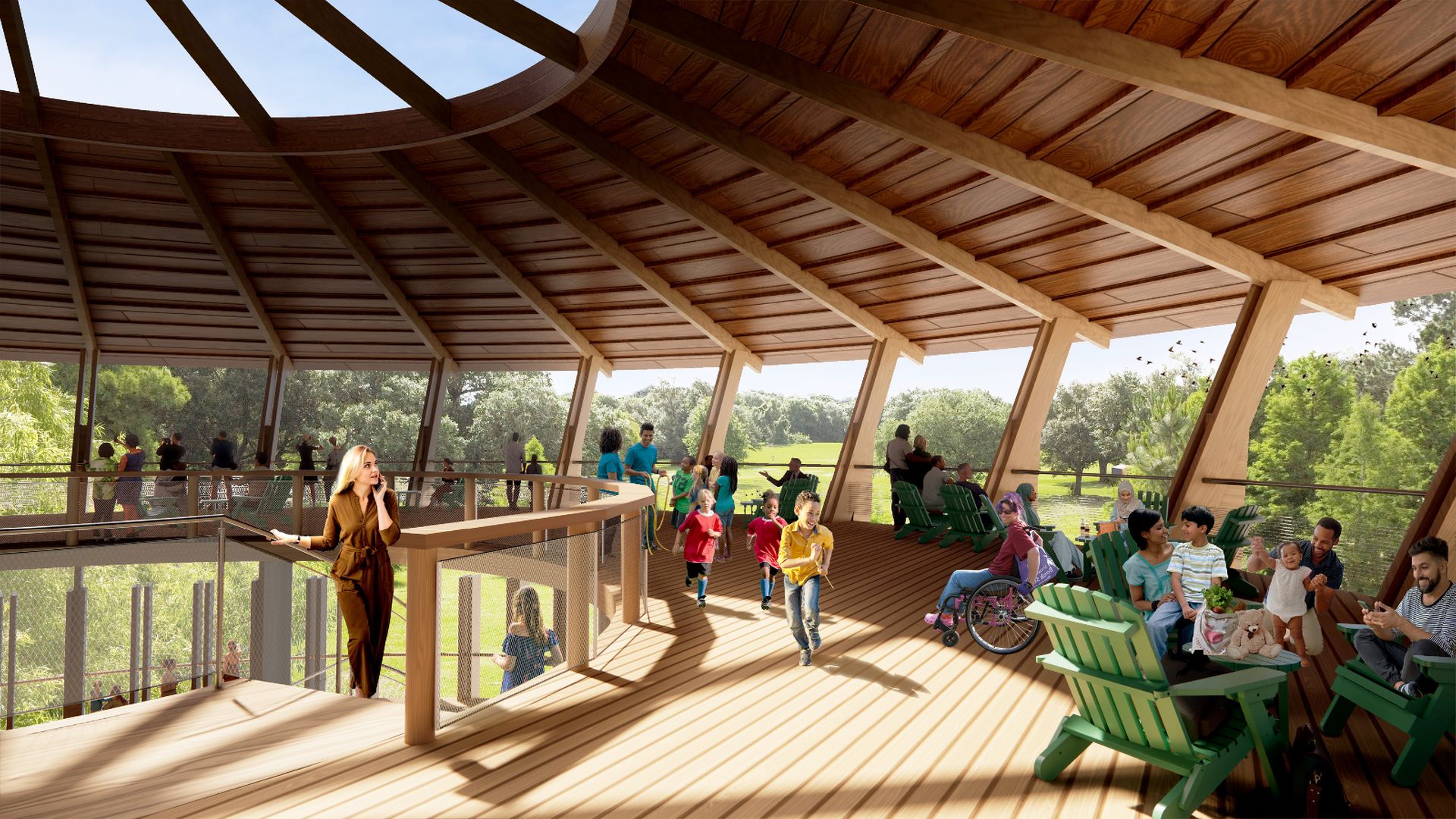 The image depicts a spacious, open-air wooden observation deck with a high ceiling supported by beams. Several people, including children and adults, are enjoying the lush, green outdoor scenery visible through large, panoramic windows. Some individuals are seated on green Adirondack chairs.