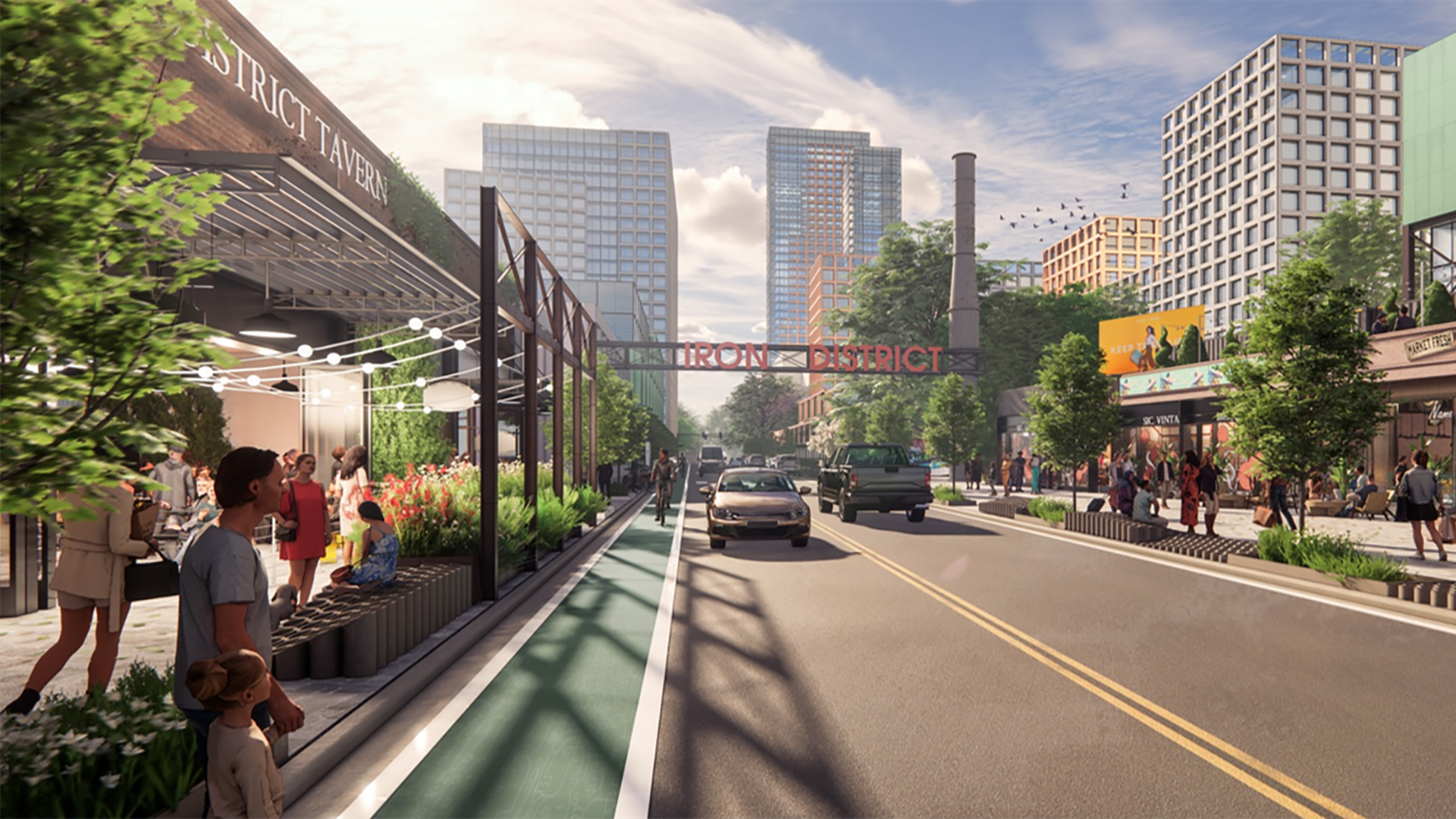 Iron District rendering of street with buildings in background