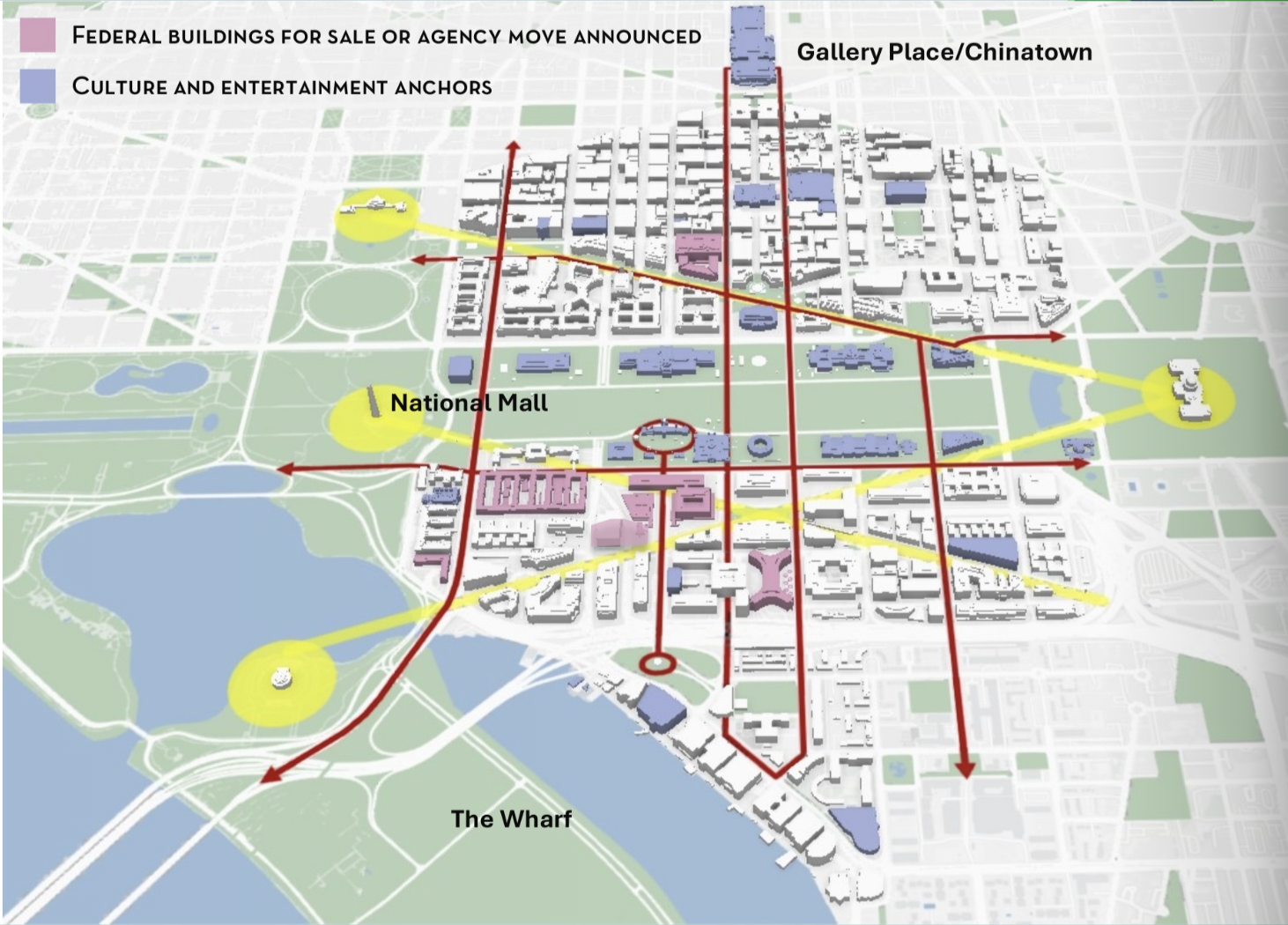 Illustrated city map with red routes and yellow highlights toward Gallery Place/Chinatown, National Mall, and The Wharf; blue buildings on a gray grid, legend in the top-left.