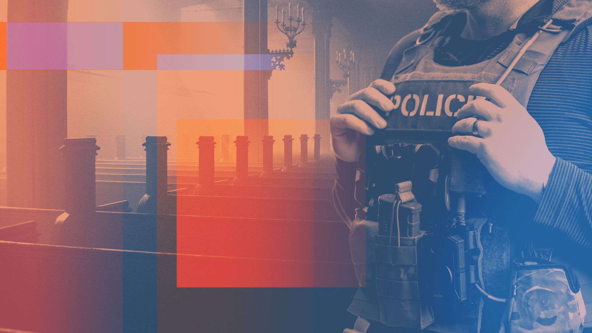 Photo illustrated collage of an ICE agent with a church in the background surrounded by various rectangles and squares