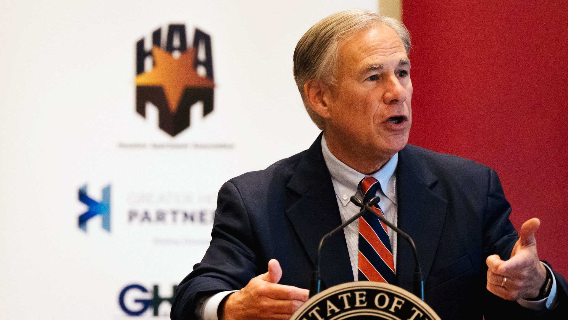 Texas Governor Greg Abbott speaks during the Houston Region Business Coalition's monthly meeting on October 27, 2021 in Houston, Texas.