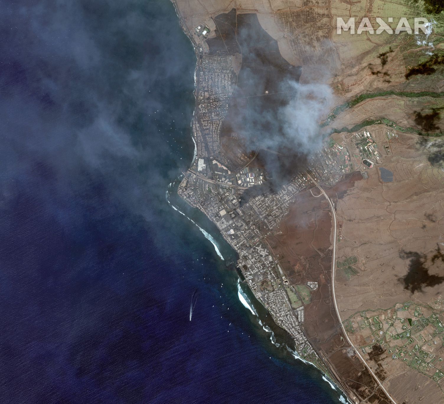 Satellite imagery  from Wednesday of the wildfires which have engulfed large areas of the Hawaiian island of Maui. 