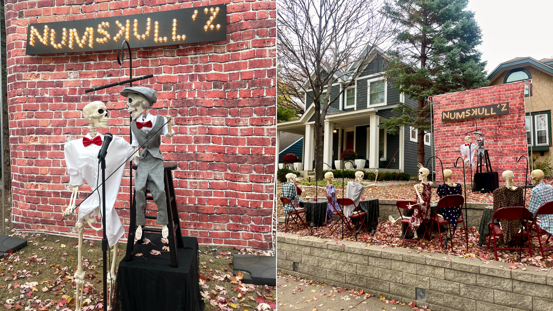 A photo of plastic skeletons sitting in chairs watching a plastic skeleton on stage.