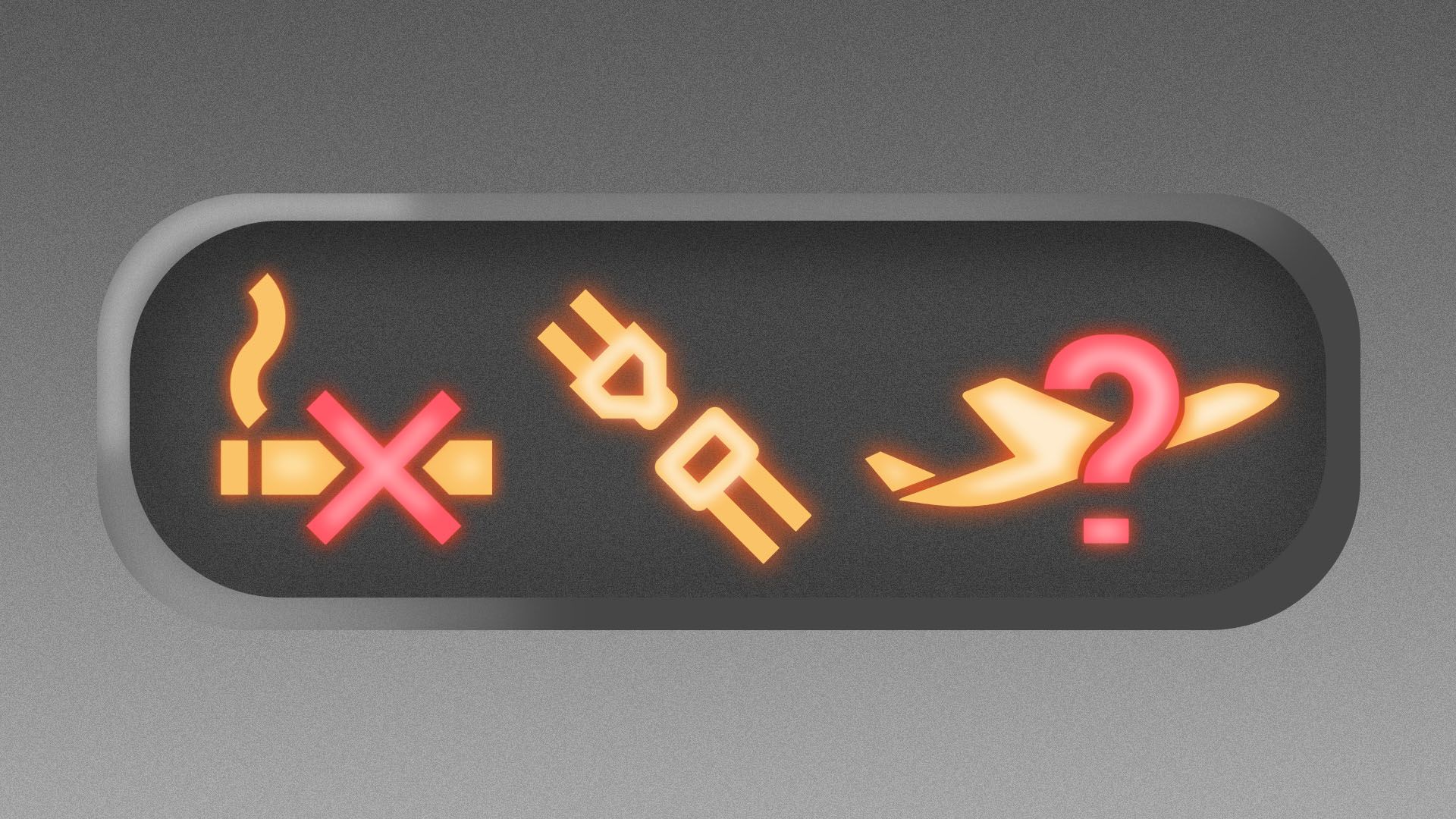 Illustration of an overhead panel in a plane with the no smoking and buckle seatbelt signs lit up, along with a third featuring an airplane with a question mark.