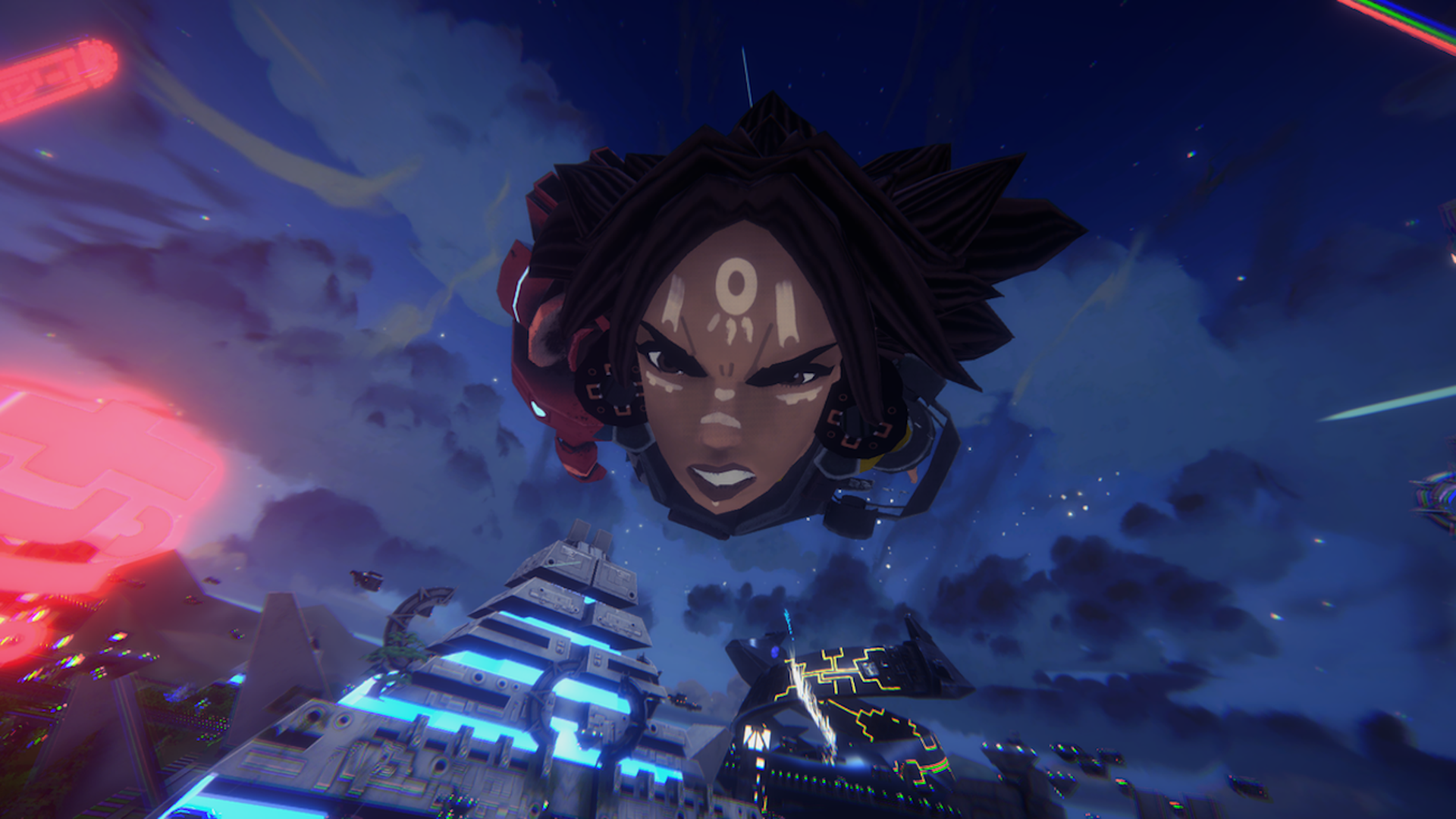 Video game screenshot of a woman flying toward the camera with a high-tech Aztec pyramid in the background