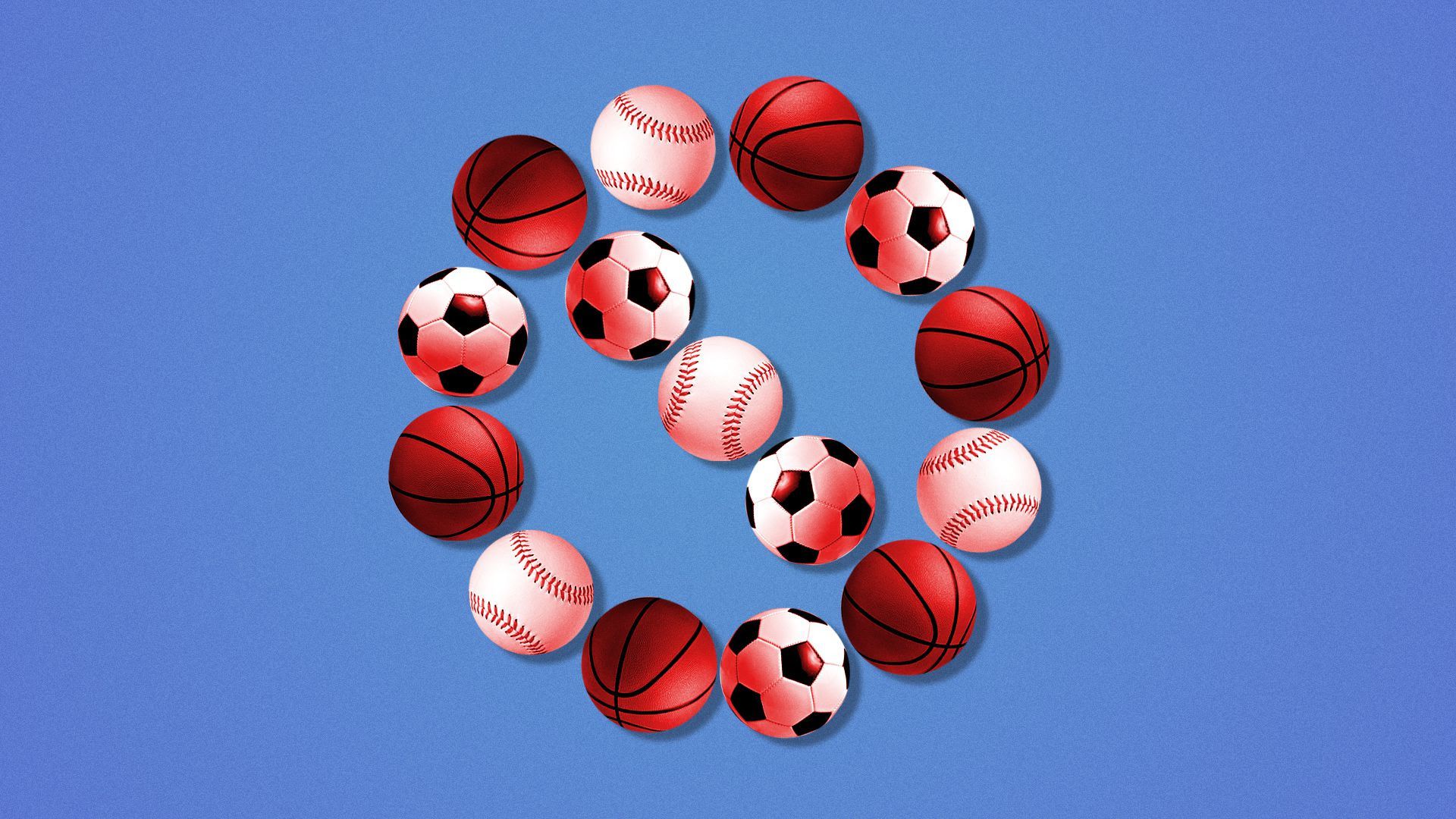 Sports balls assembled to form a cross.
