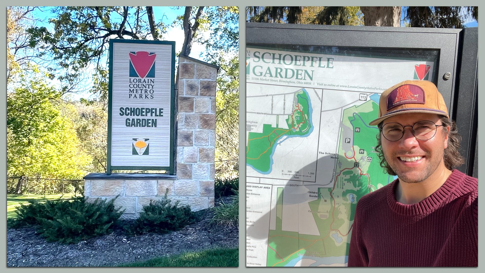 Side by side photos of sign reading Schoepfle Garden and selfie of man in red sweater and orange hat in front of trail map.