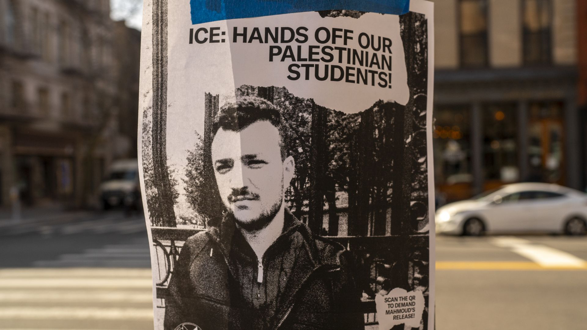A poster taped to a lamppost on March 13, 2025, in New York City protests the arrest of pro-Palestinian activist and Columbia graduate student Mahmoud Khalil for leading demonstrations at Columbia University.  