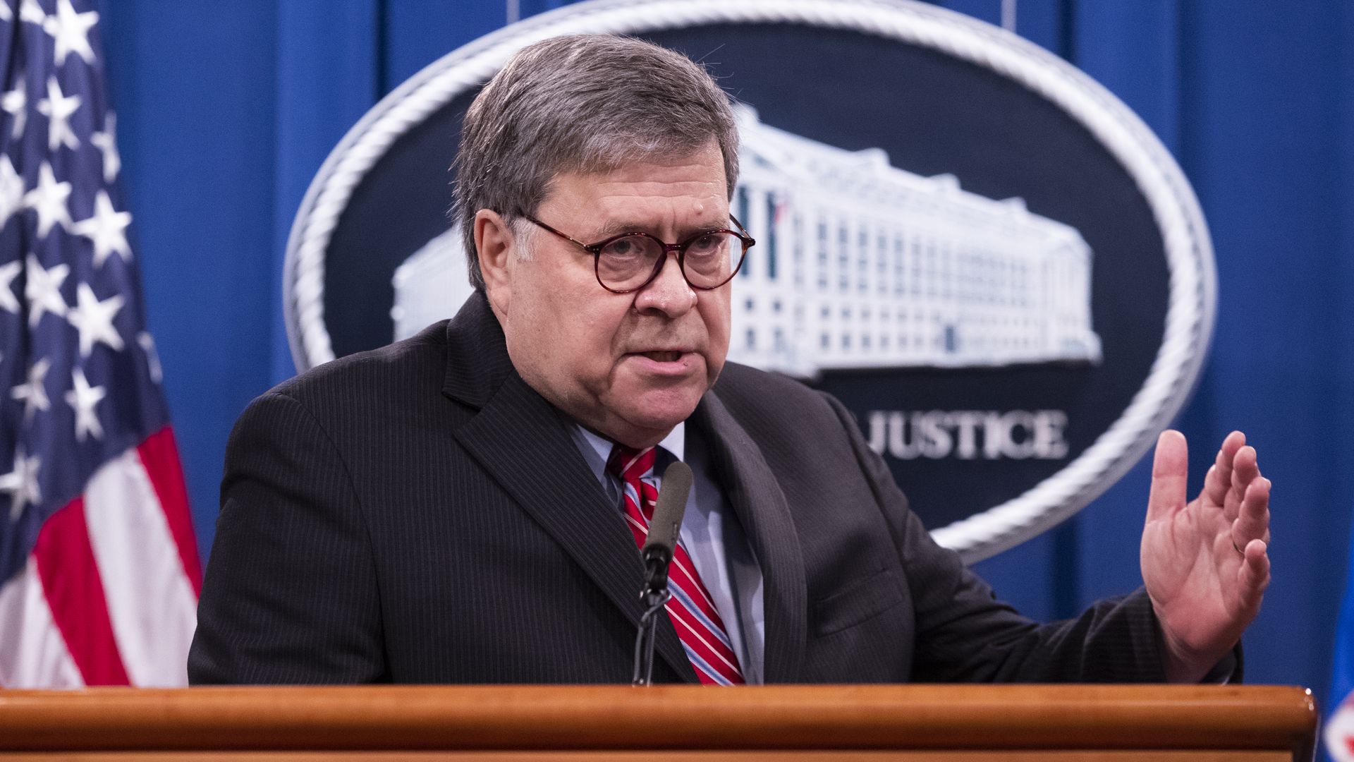 Attorney General Bill Barr holds a news conference on the investigation of the terrorist bombing of Pan Am flight 103 at the Department of Justice December 21, 2020 in Washington, DC.