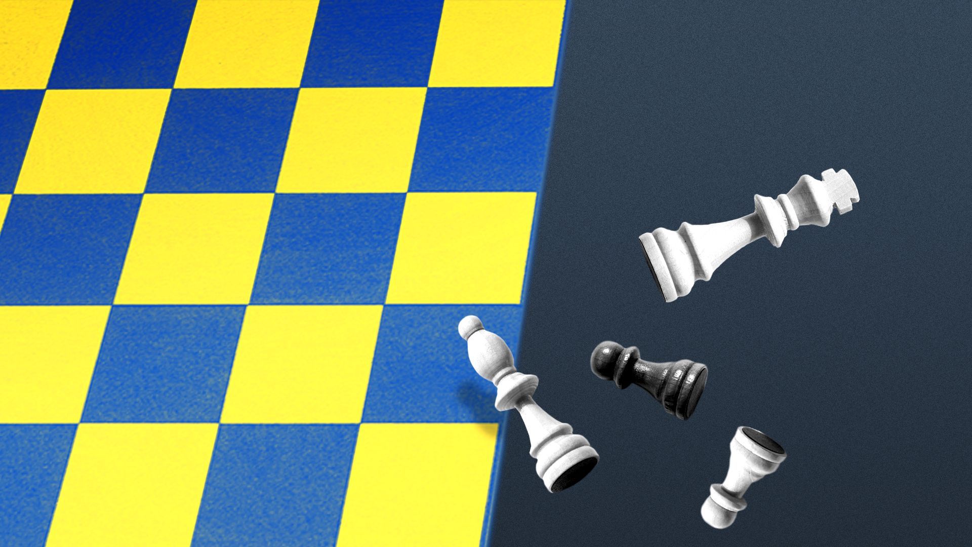 Illustration of Chess pieces falling off of a yellow and blue colored Chess board.