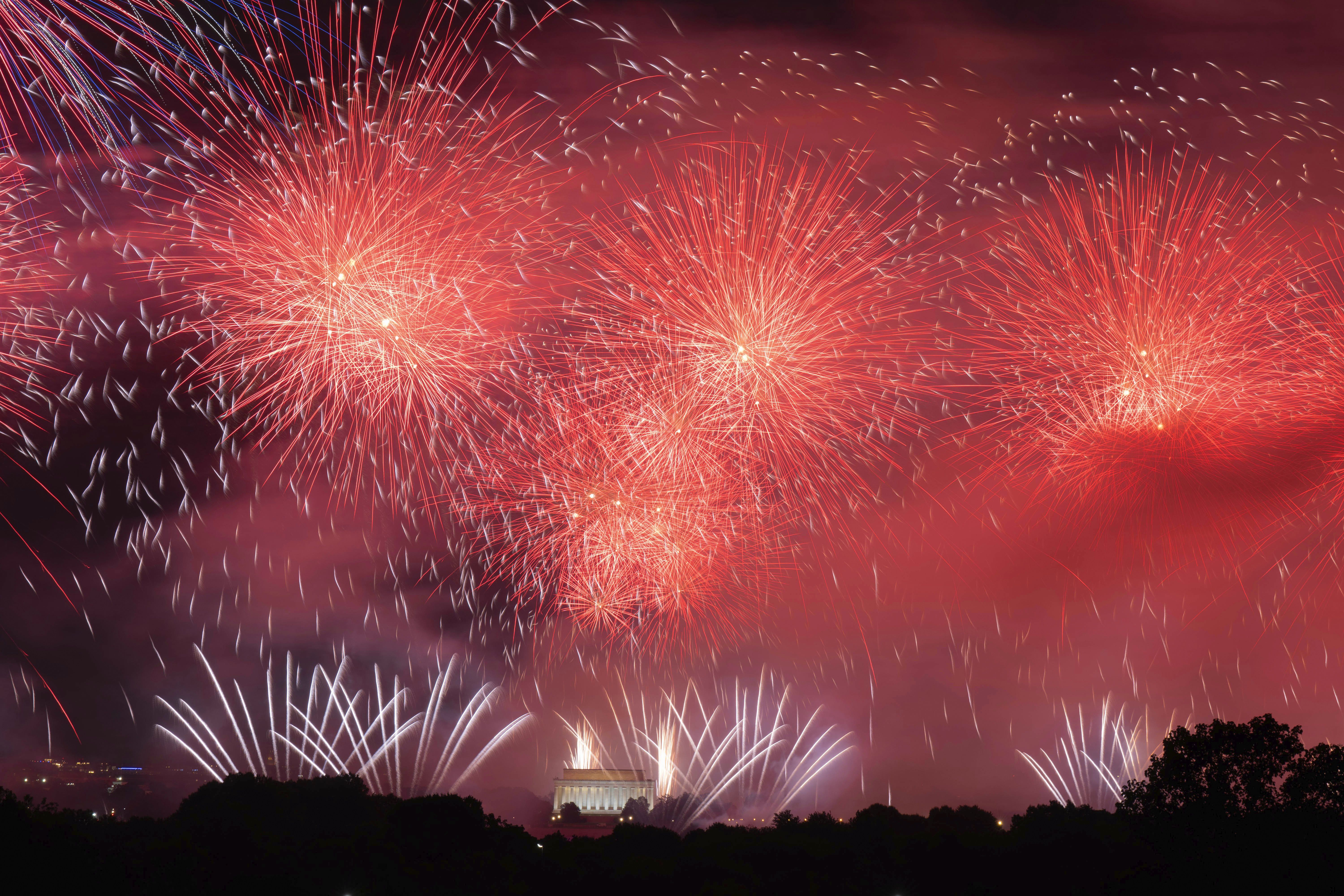 Fireworks explode over the Lincoln Memorial during Salute to America on Saturday.