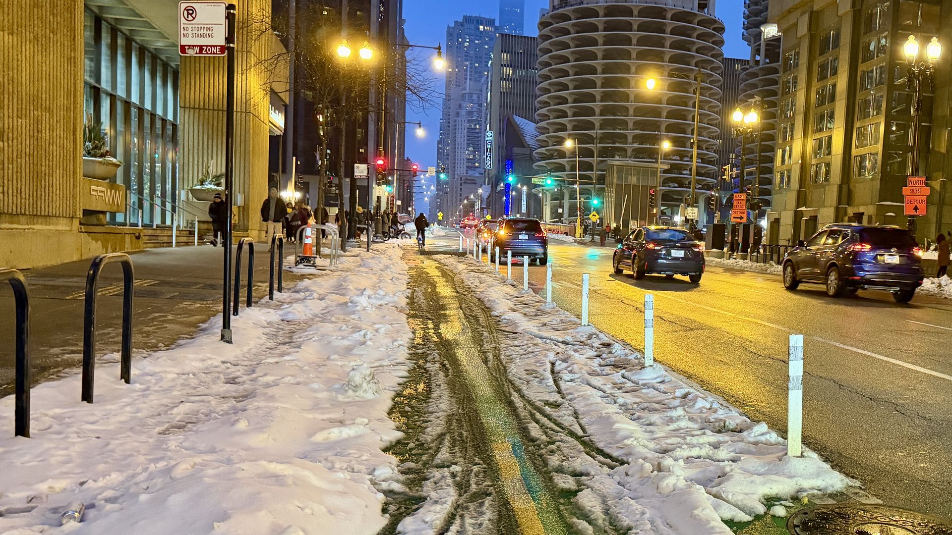 snowy bike lane in city