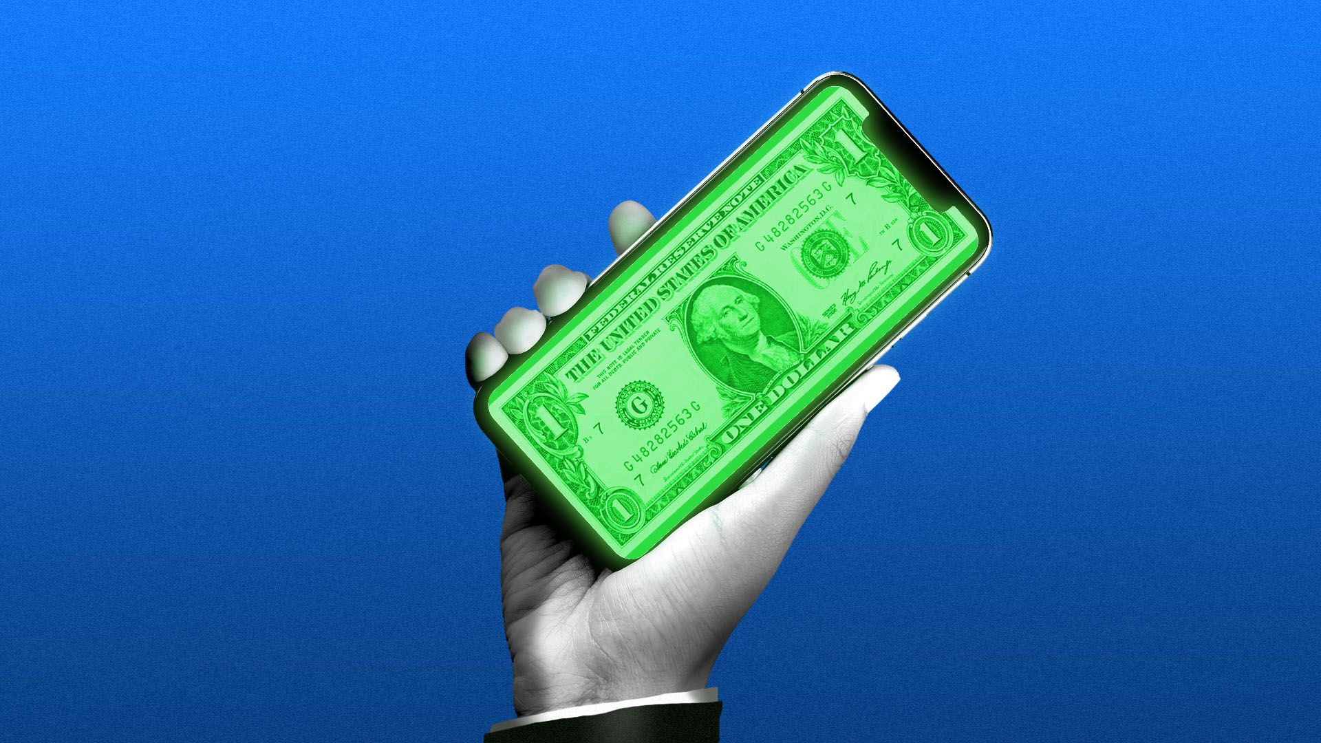 Illustration of a hand in a suit holding a cellphone with a dollar on the screen