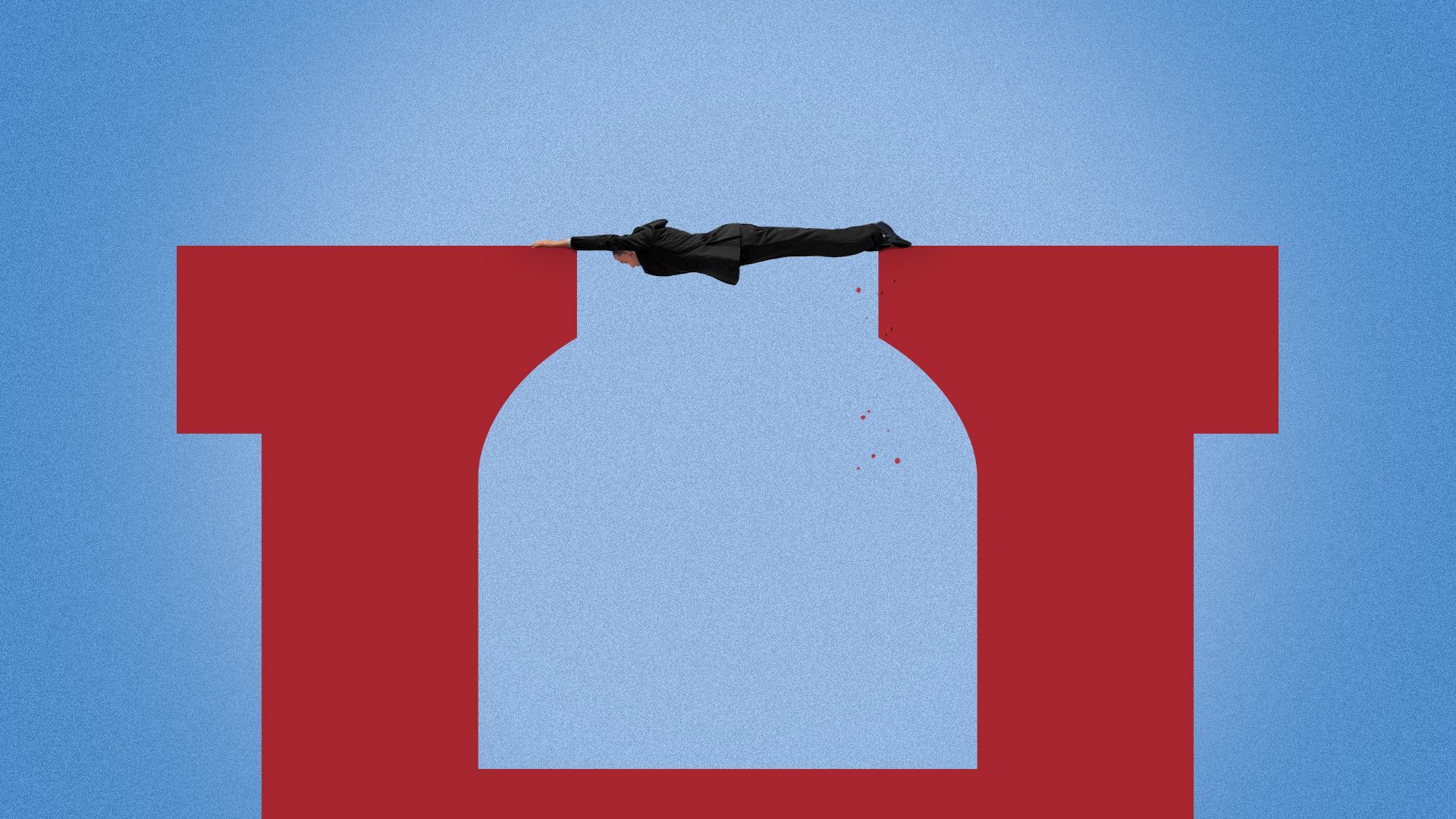 Illustration of a businessman holding on between the two peaks of the "H" in the Harvard logo. 