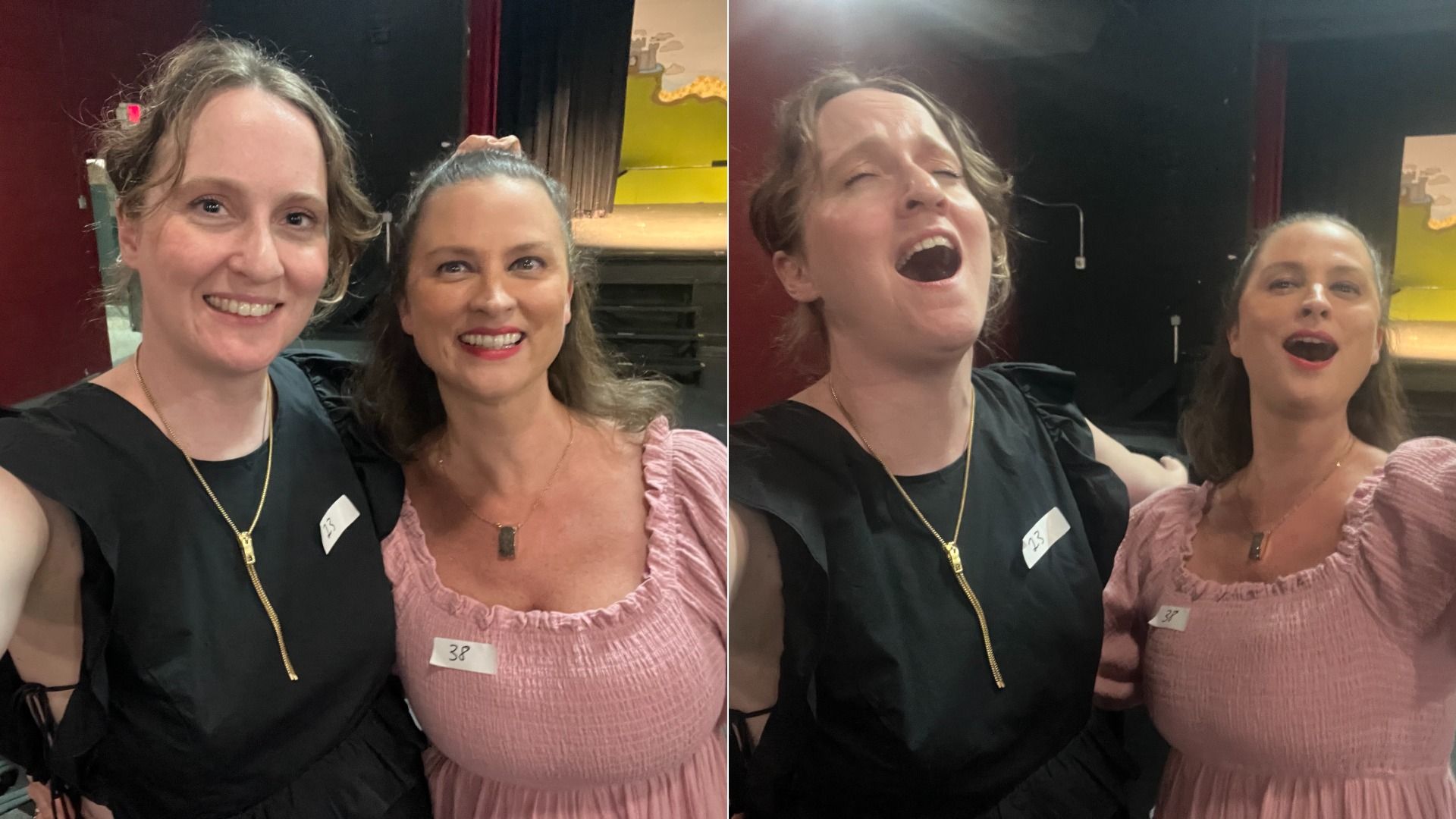 Two women with a stage behind them pose for a split selfie. Left: one in a black dress with a gold zipper beside a pink dress: they sing with mouths open, stage and yellow backdrop behind.